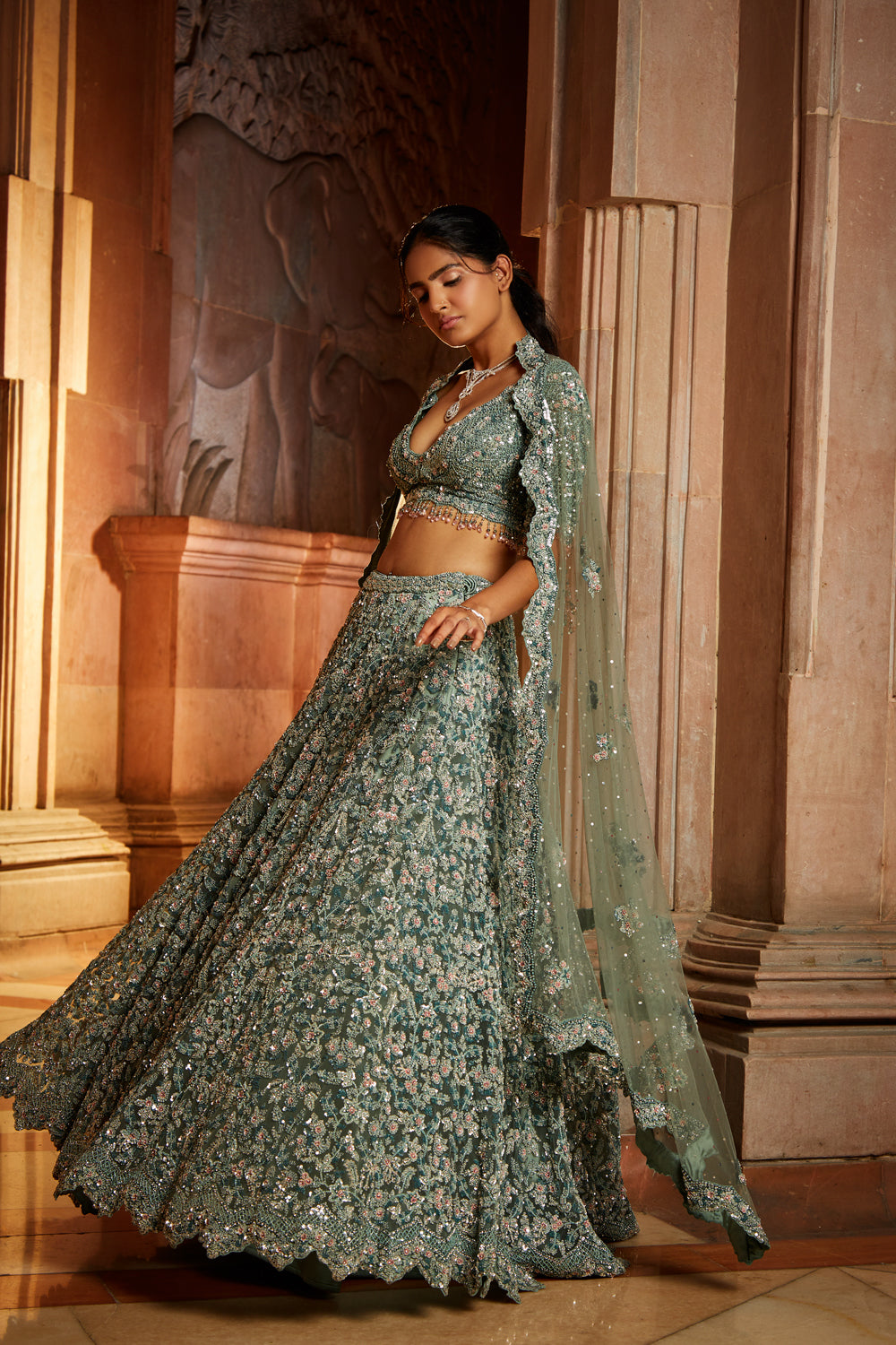 Sage Green Tulle Lehenga Choli Set with Floral Sequin Embroidery