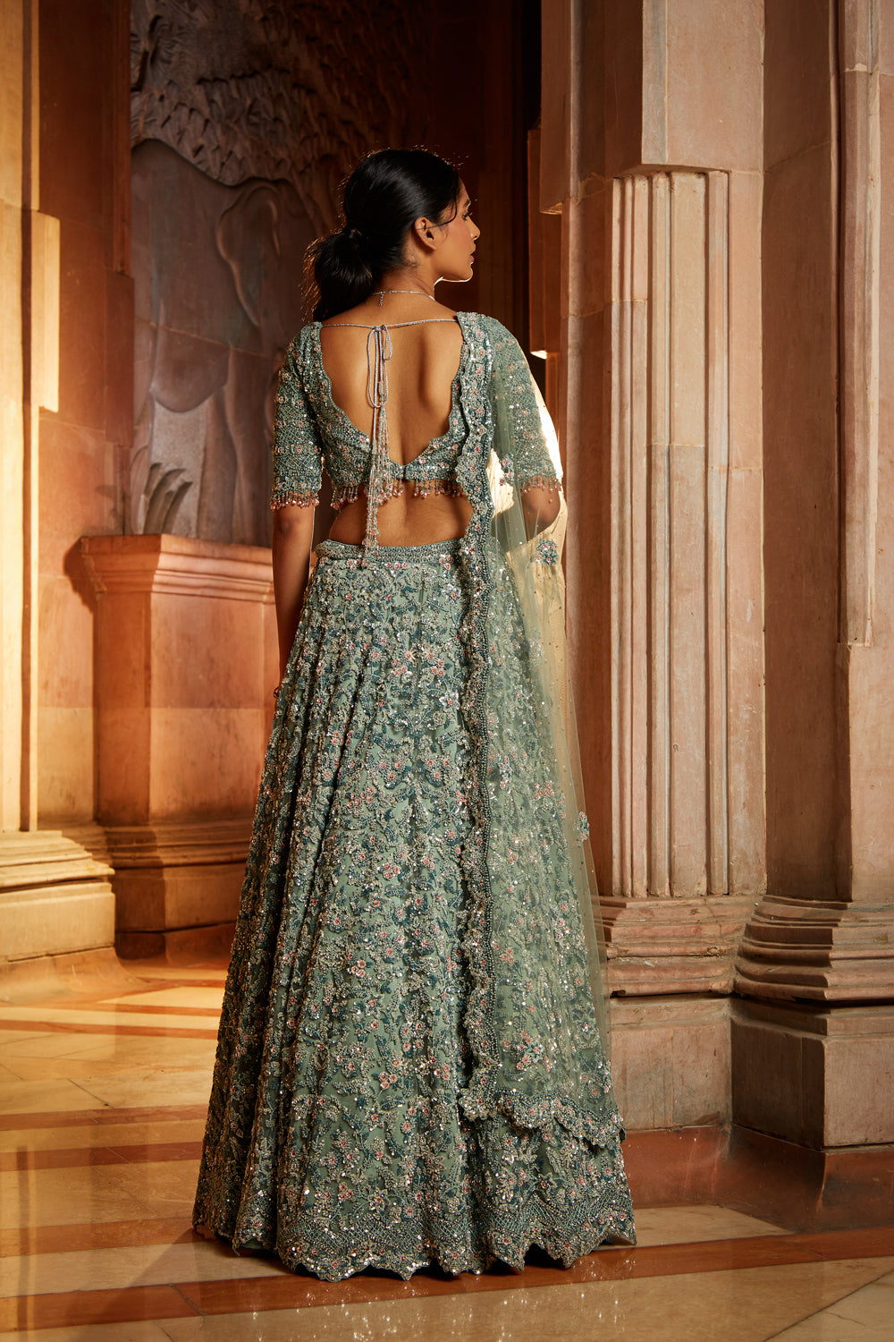 Sage Green Tulle Lehenga Choli Set with Floral Sequin Embroidery