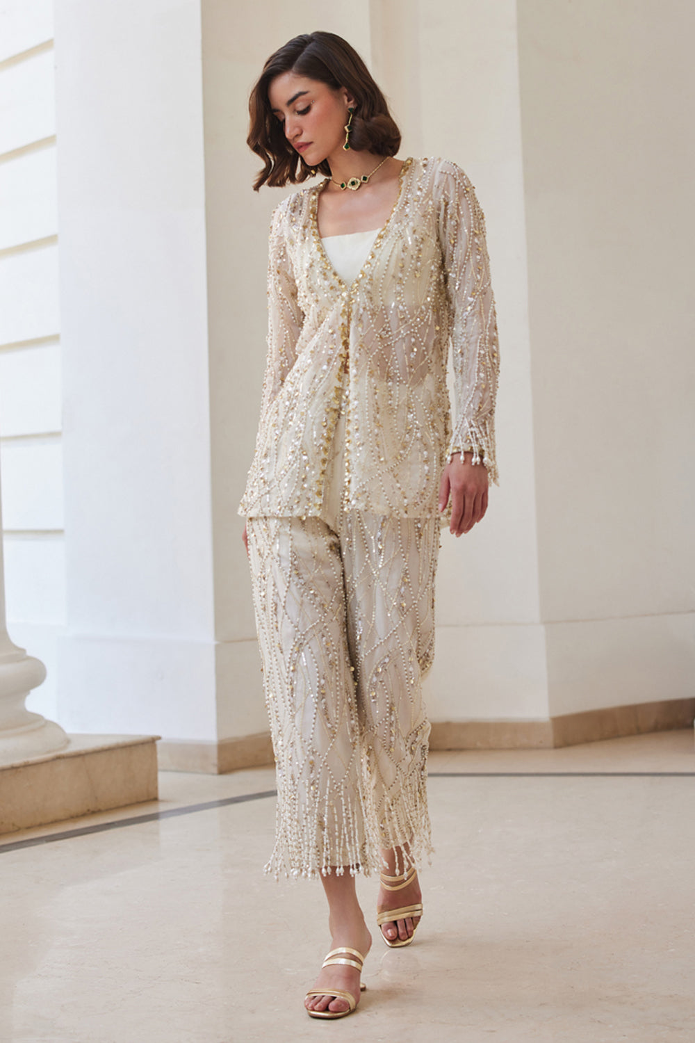 Pearl White Organza Pant-Suit Set