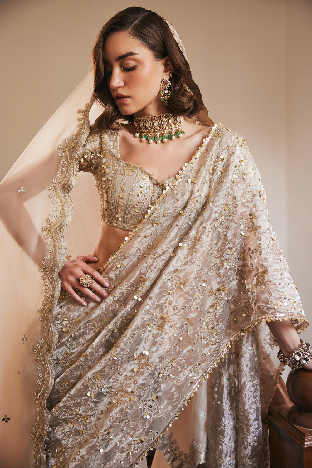 Tissue Pre Drape Saree With Veil