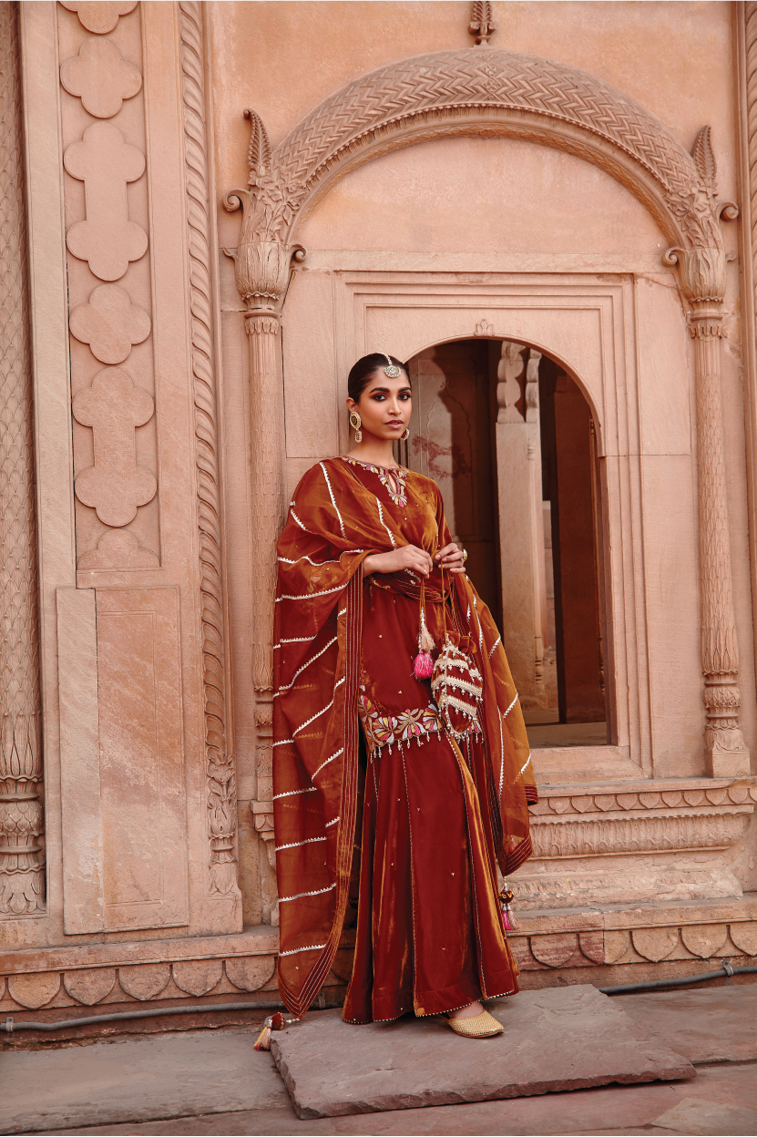 Honey Gold Velvet Kurta with Garara and Structured Organza Dupatta
