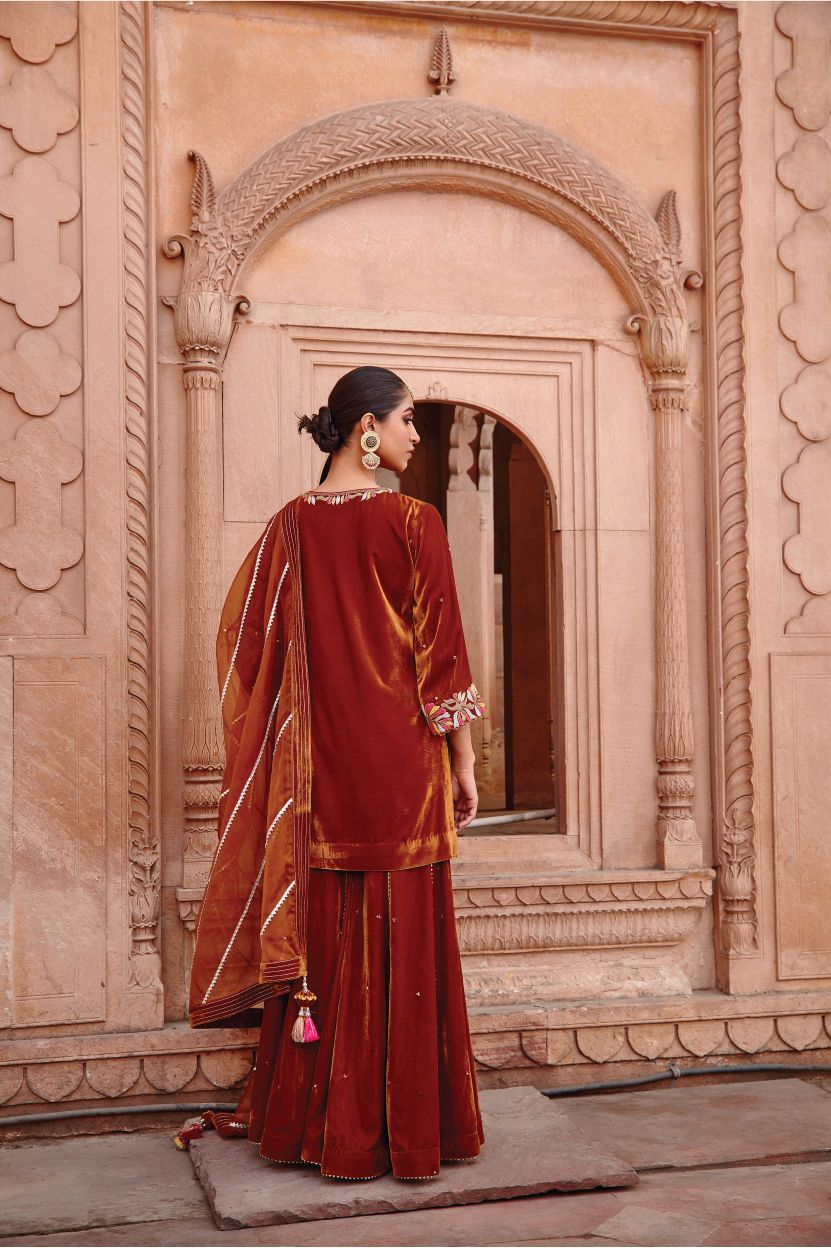 Honey Gold Velvet Kurta with Garara and Structured Organza Dupatta