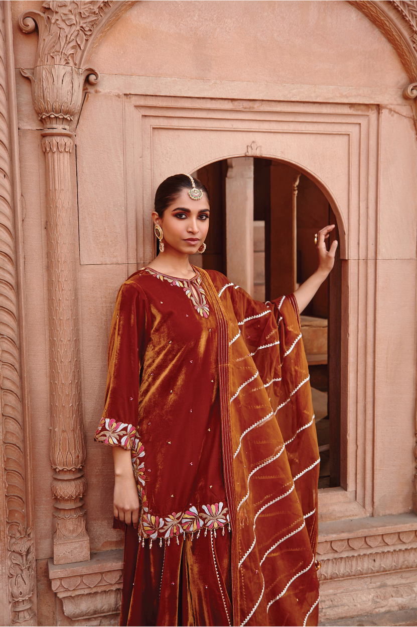Honey Gold Velvet Kurta with Garara and Structured Organza Dupatta