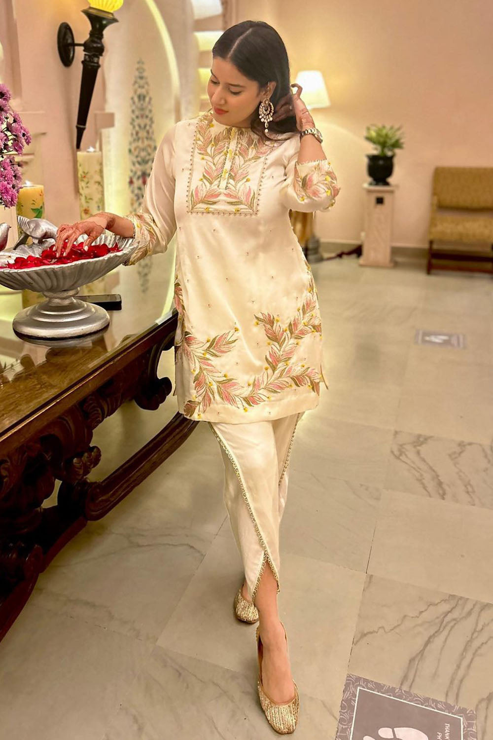 Nazakat Ivory Silk Embroidered Kurta Set with Dhoti Pant