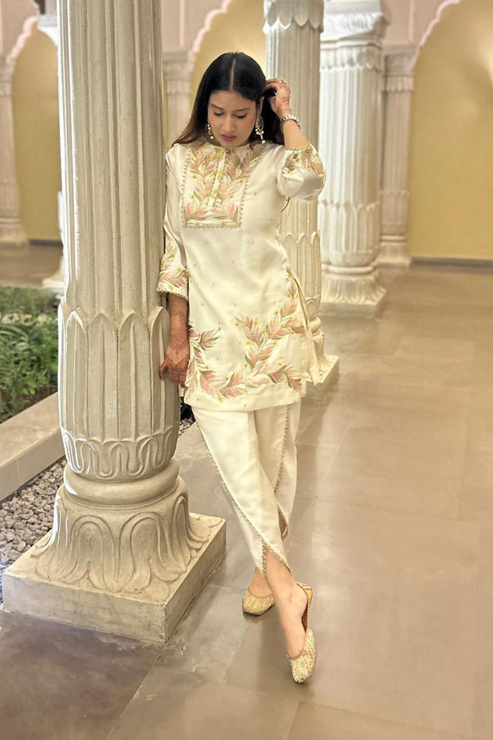Nazakat Ivory Silk Embroidered Kurta Set with Dhoti Pant