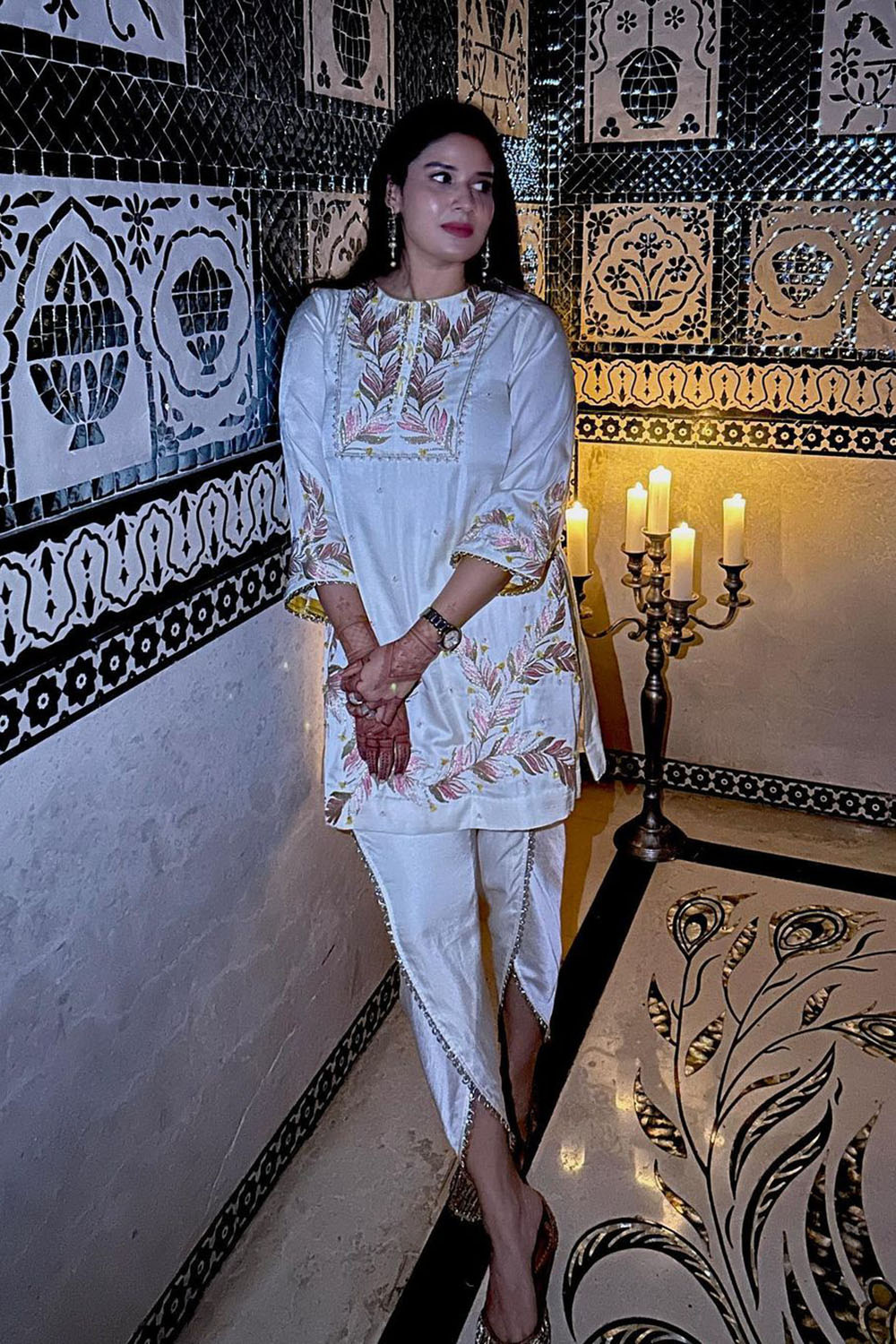 Nazakat Ivory Silk Embroidered Kurta Set with Dhoti Pant