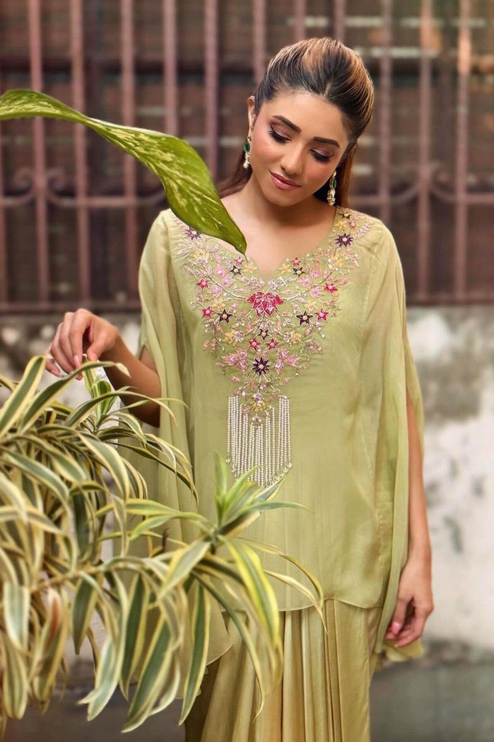 Mint Embroidered Organza Cape and Pick-up Skirt - Chahat