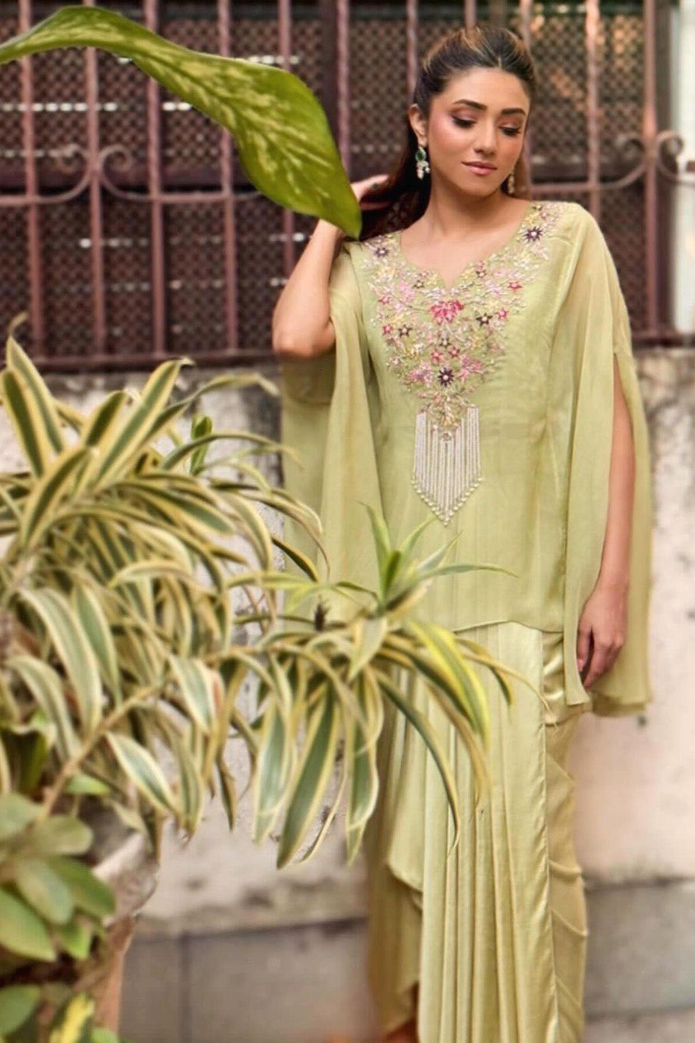 Mint Embroidered Organza Cape and Pick-up Skirt - Chahat