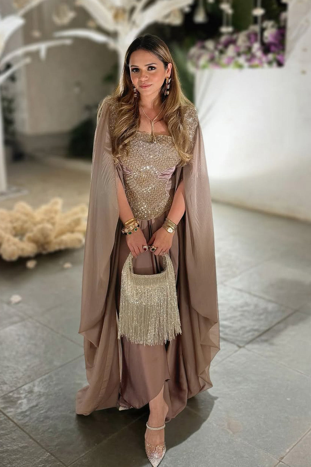 Blossom Skin Satin Cape Set with Hand Embroidery & Pickup Skirt