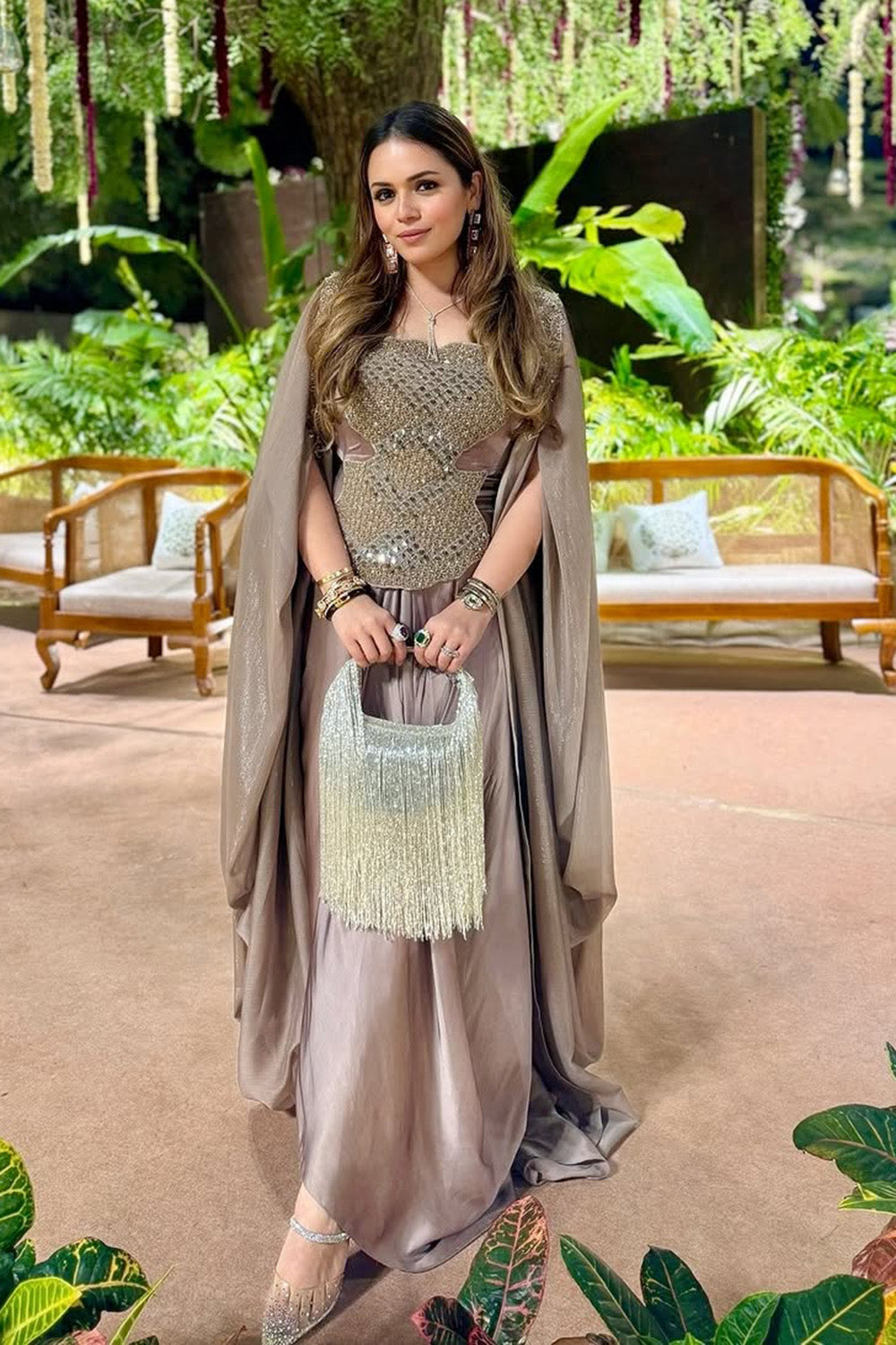 Blossom Skin Satin Cape Set with Hand Embroidery & Pickup Skirt
