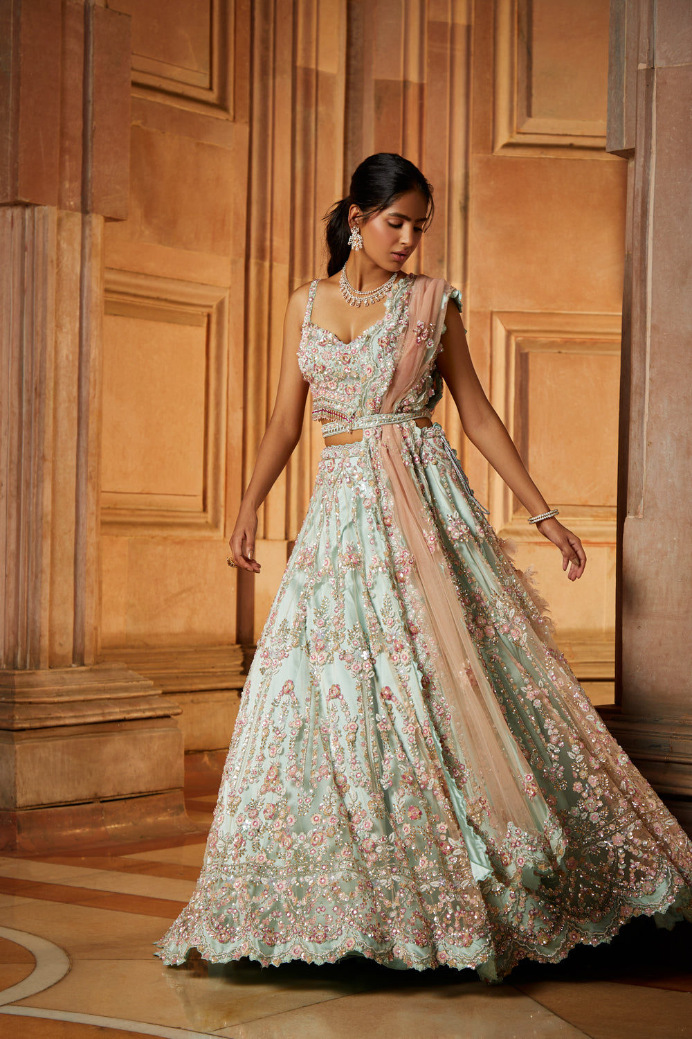 Sage Green Tulle Lehenga Choli with Blush Pink Dupatta