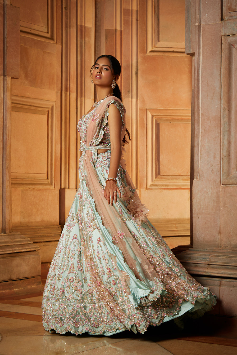Sage Green Tulle Lehenga Choli with Blush Pink Dupatta