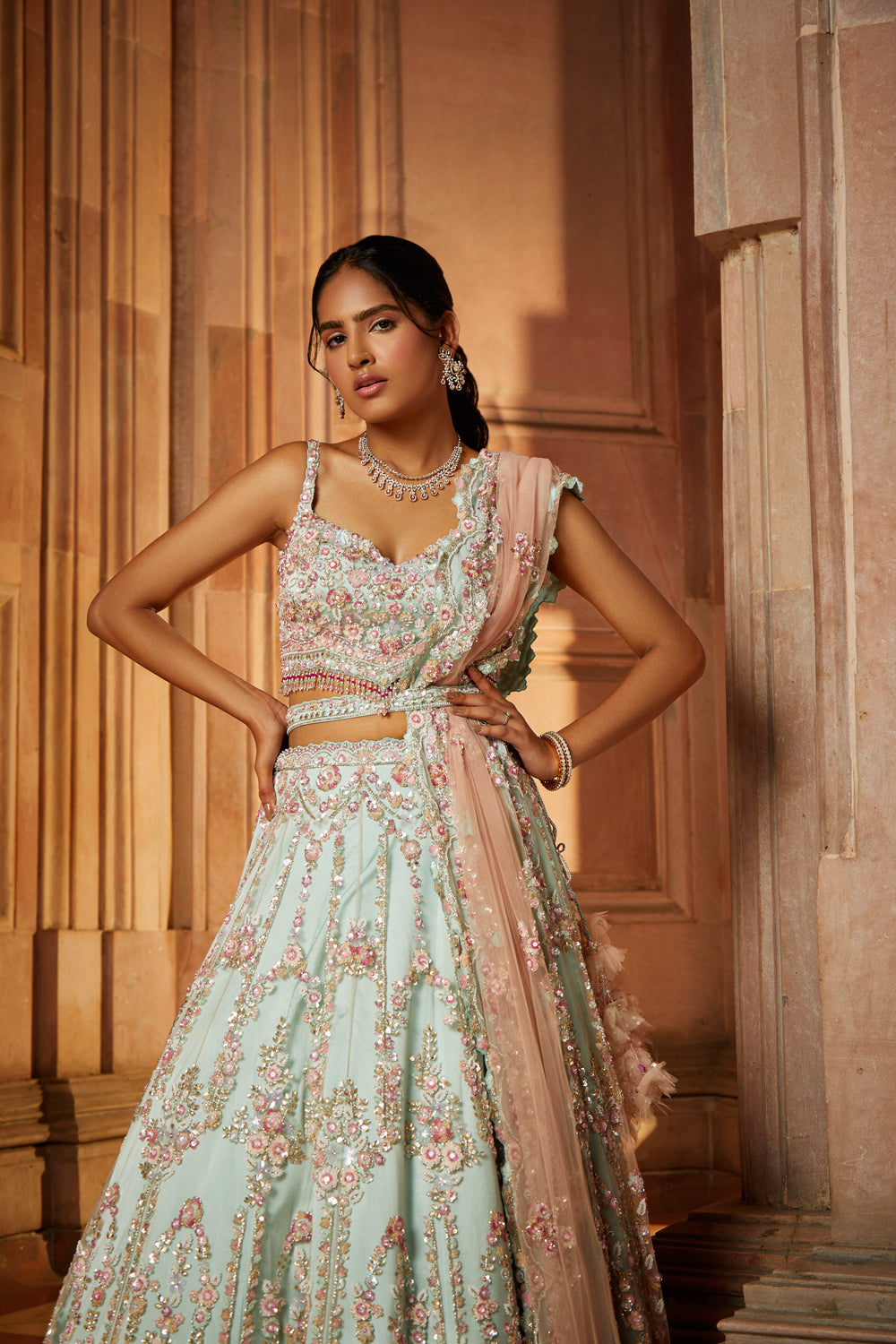 Sage Green Tulle Lehenga Choli with Blush Pink Dupatta
