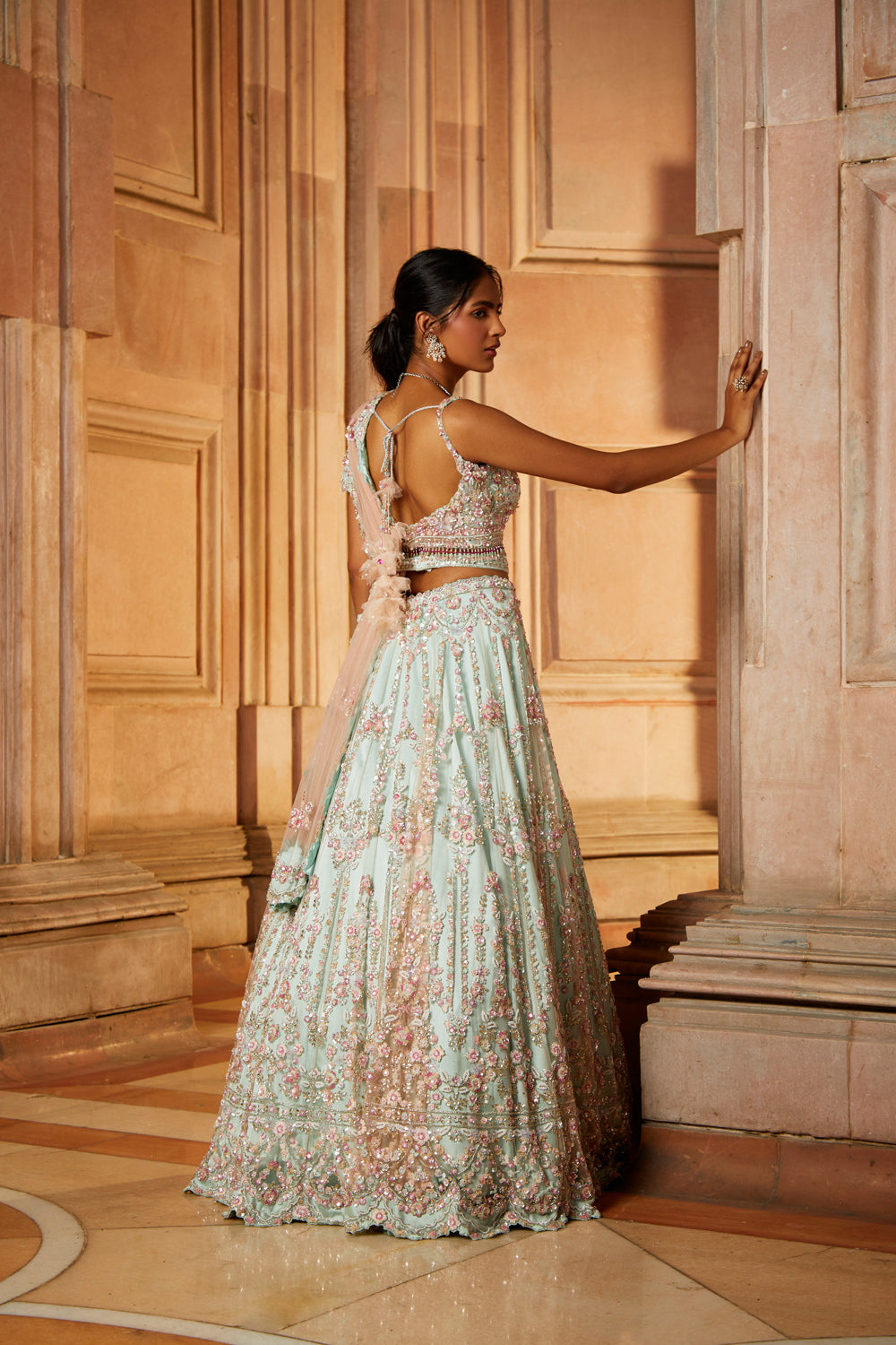 Sage Green Tulle Lehenga Choli with Blush Pink Dupatta