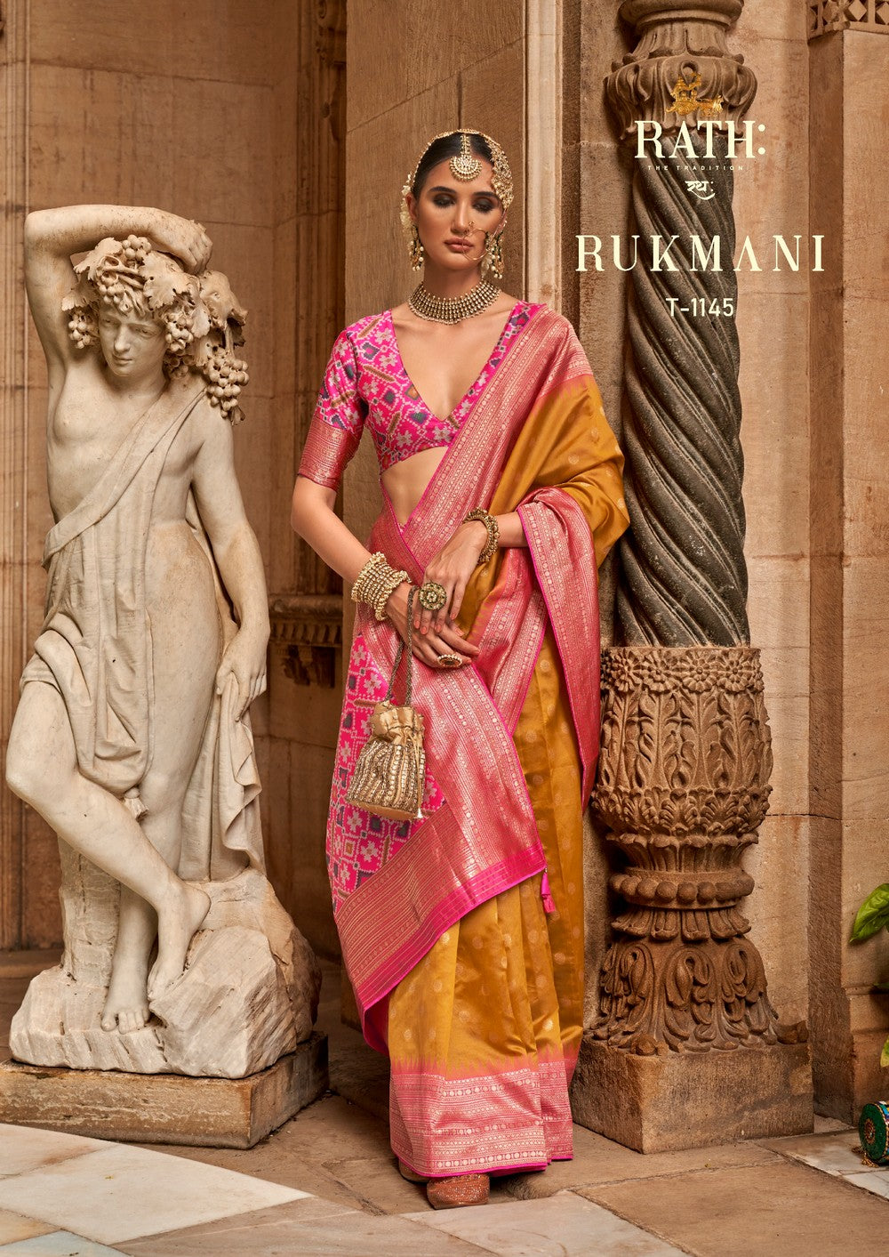 Amber Pink Soft silk Print Work Rukmani Banarasi Saree
