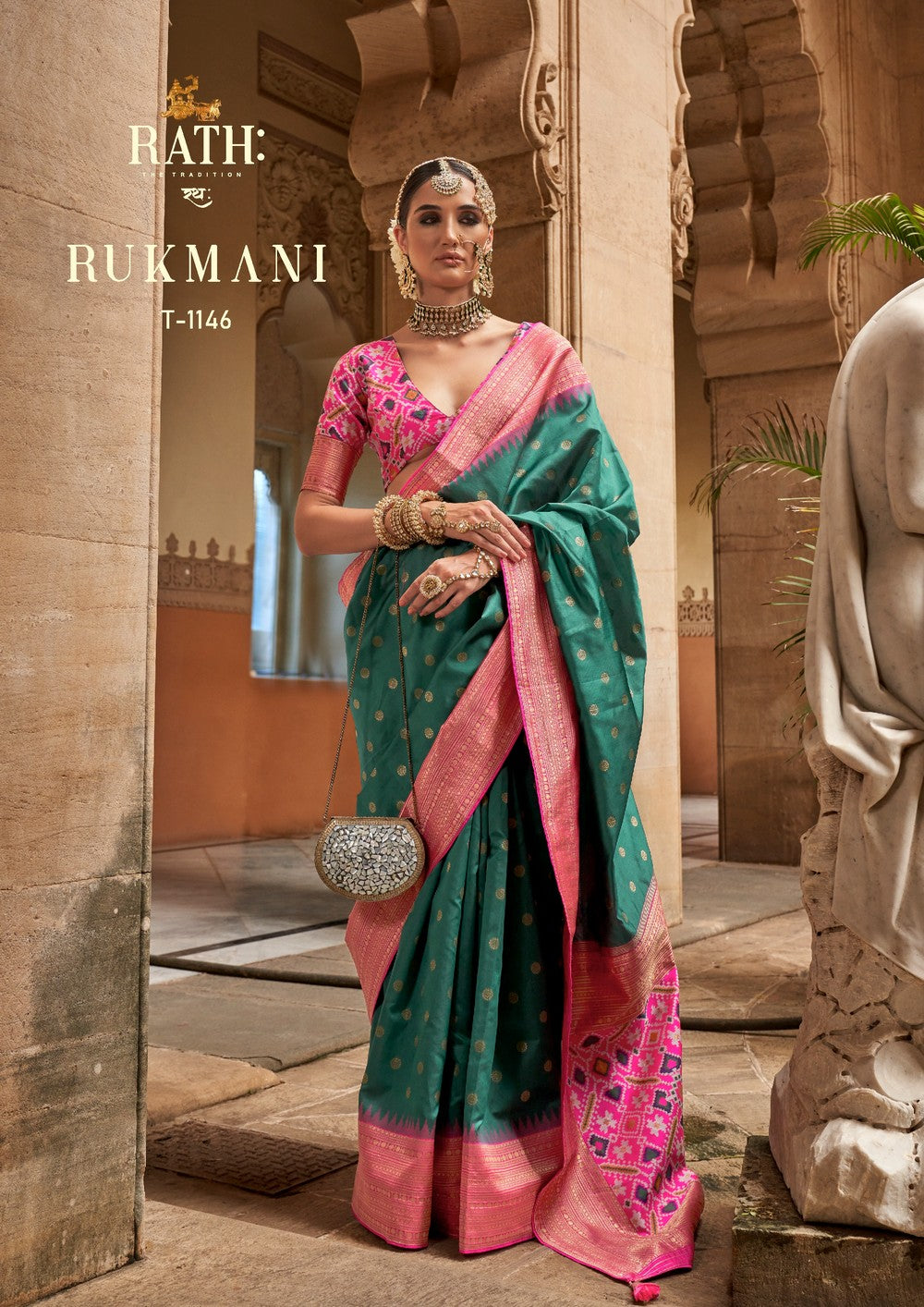 Bluegreen Pink Soft silk Print Work Rukmani Banarasi Saree