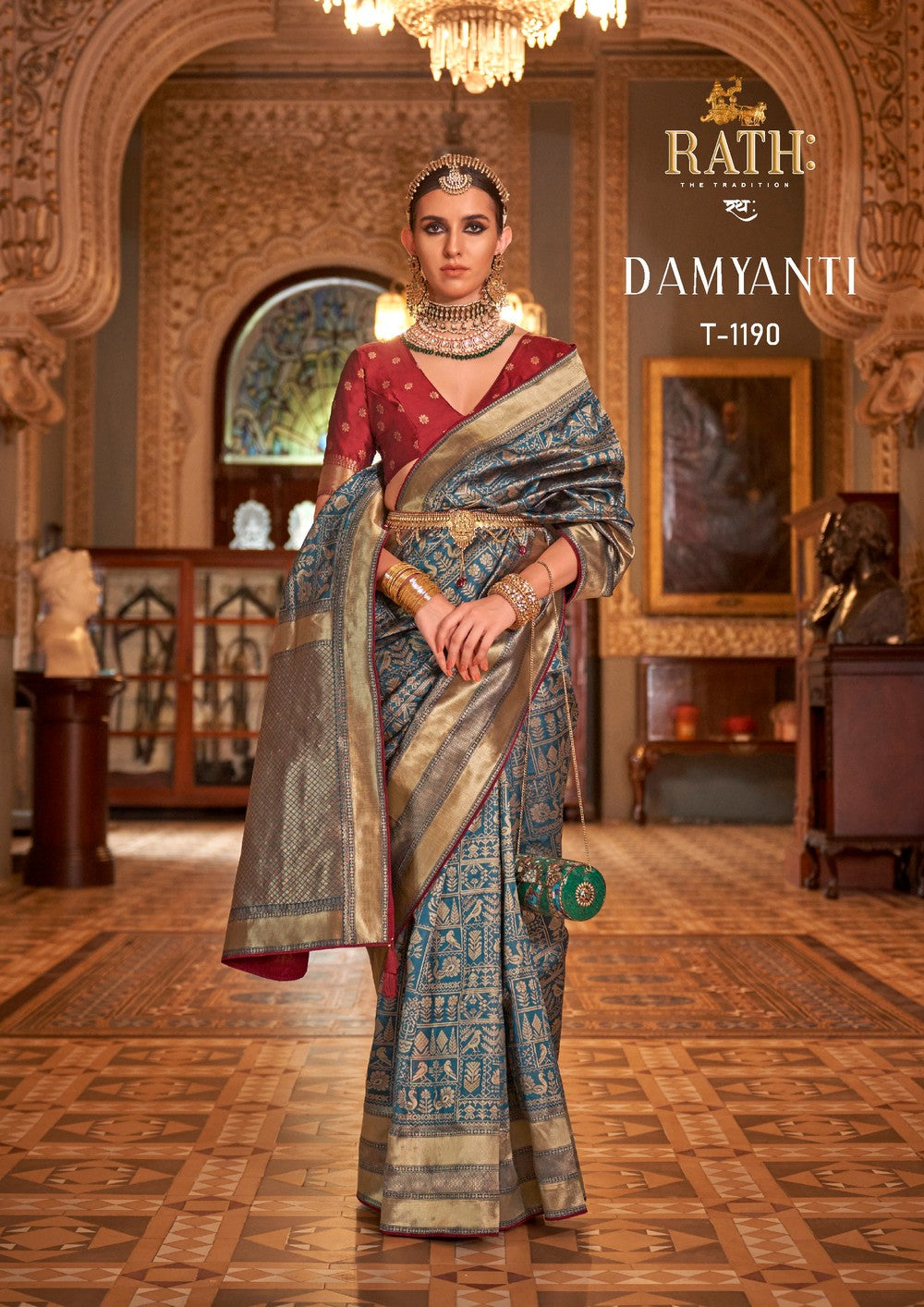 True Blue Soft silk Print Work Damyanti Banarasi Saree