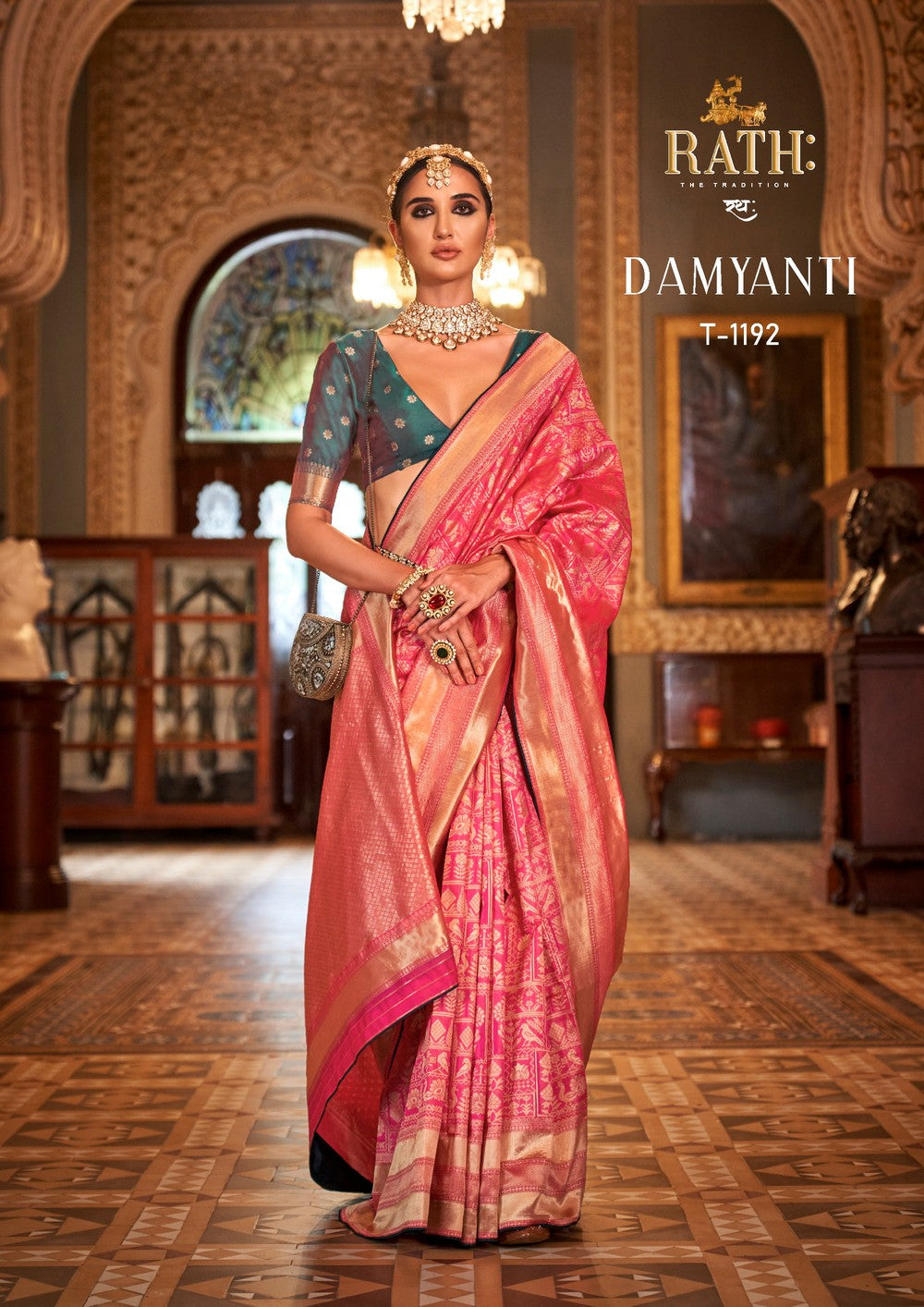 Blush Pink  Soft silk Print Work Damyanti Banarasi Saree
