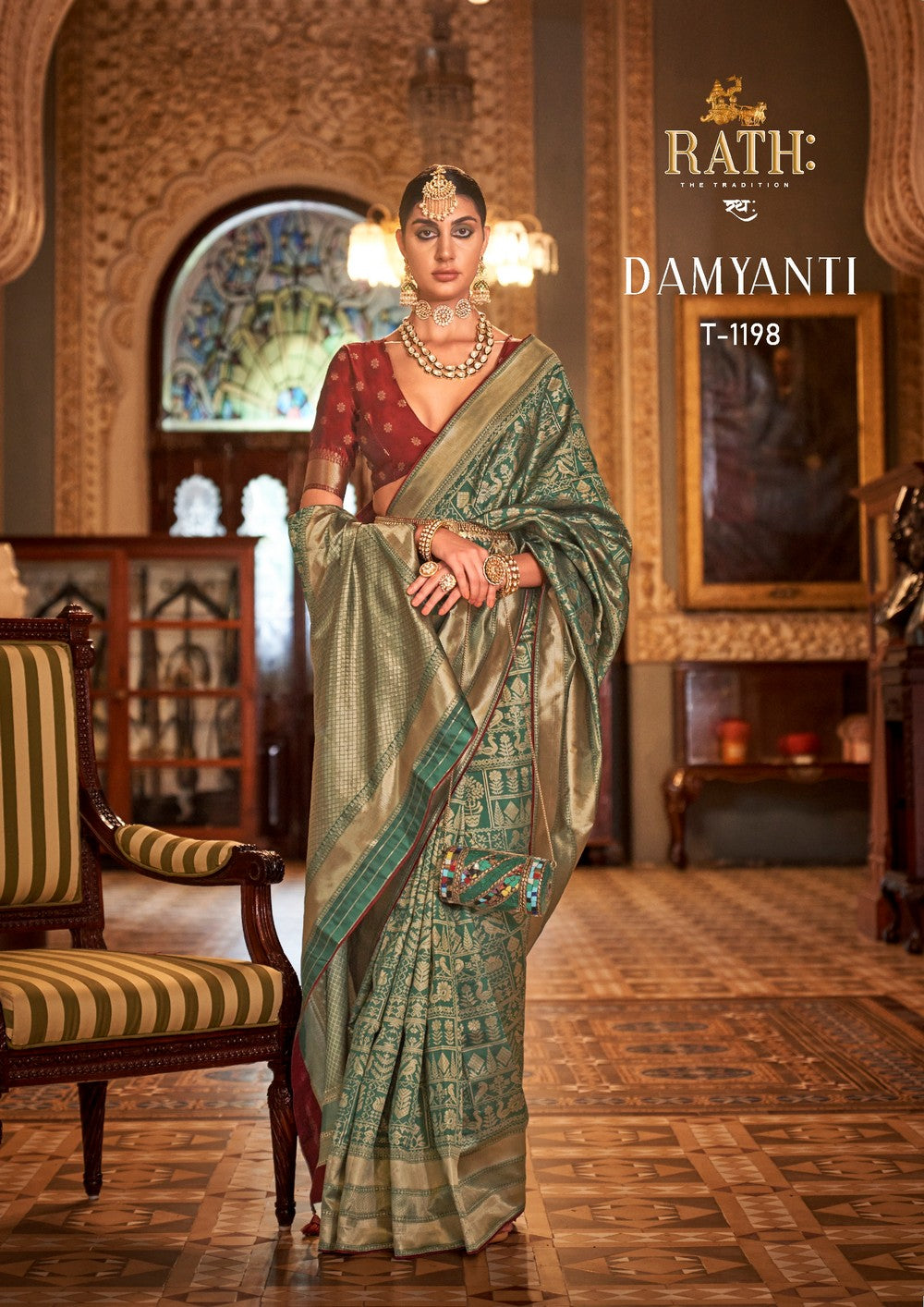 Forest green Soft silk Print Work Damyanti Banarasi Saree
