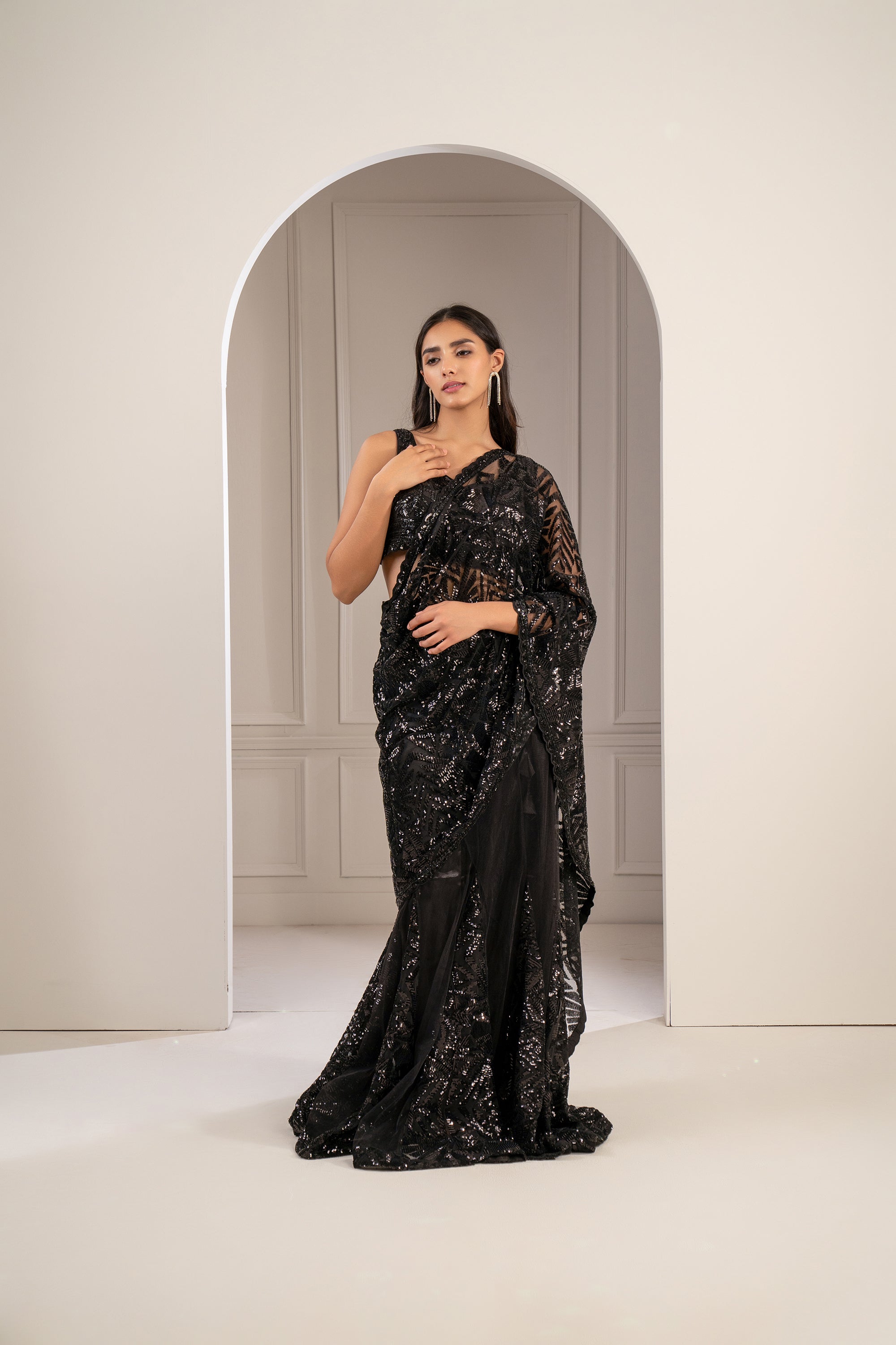 Charcoal Black Organza Net Cocktail Saree - Auraya Fashion - Riyaasat - #tag1# - #tag2# - #tag3# - #tag3#