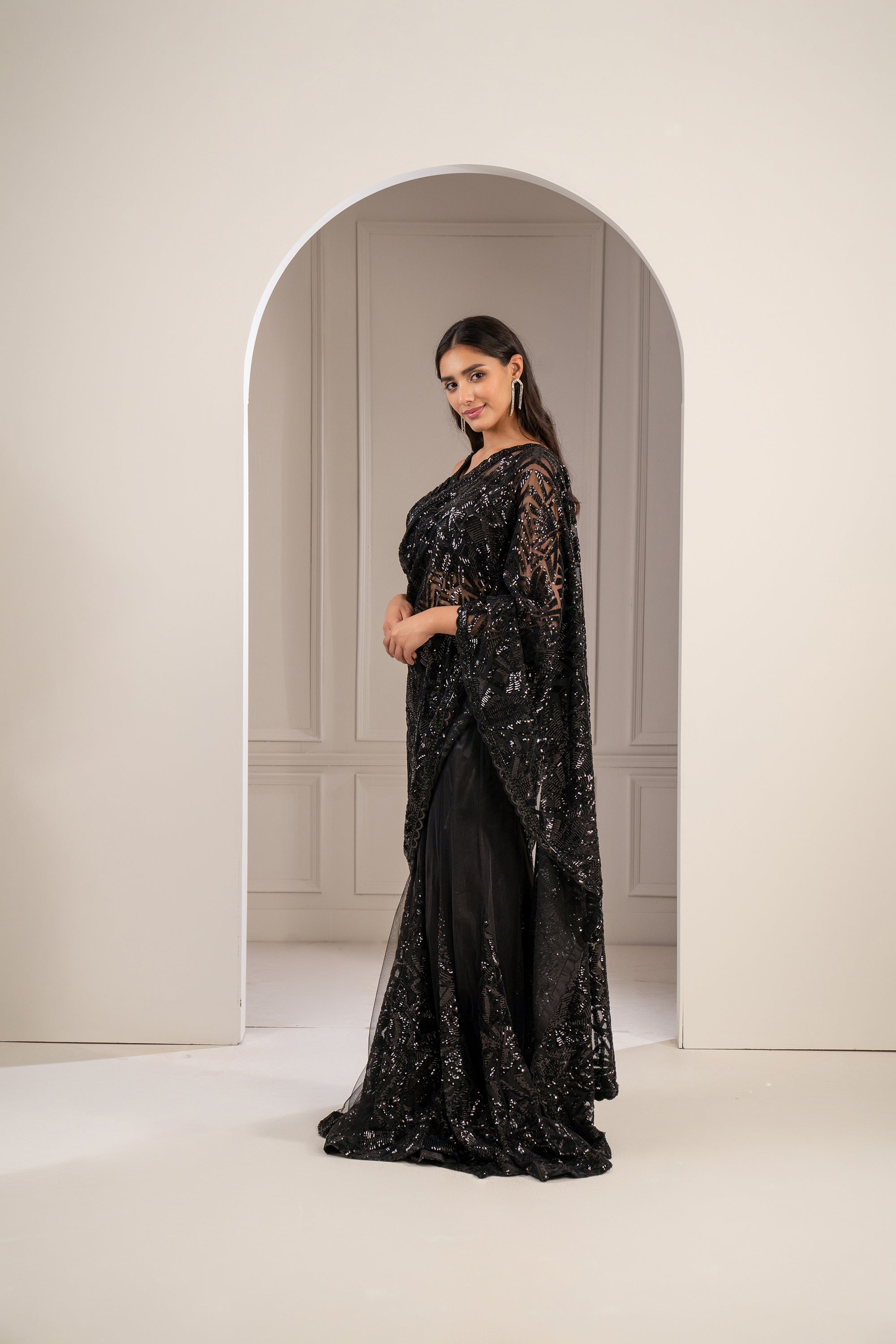 Charcoal Black Organza Net Cocktail Saree - Auraya Fashion -  - #tag1# - #tag2# - #tag3# - #tag3#