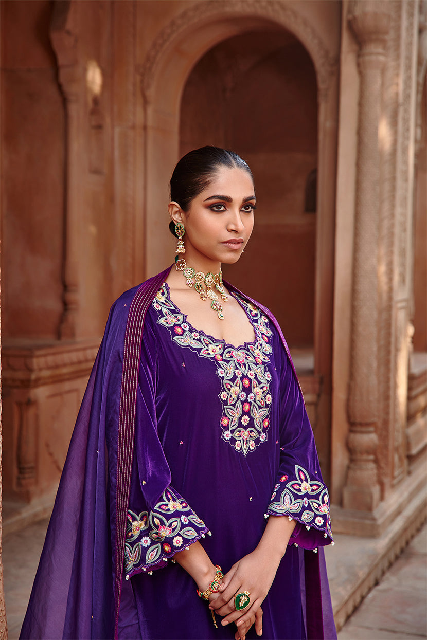 Tahira Purple Embroidered Velvet Choga Kurta & Dhoti Set