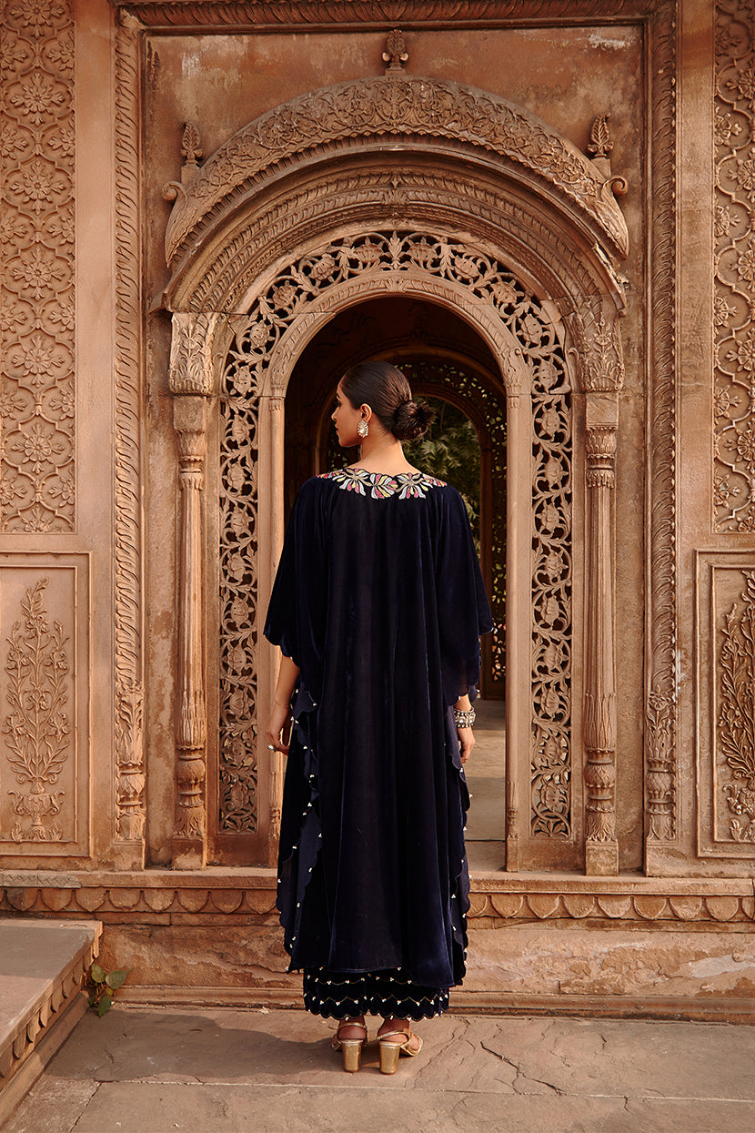 Tamanna Navy Blue Velvet Embroidered Kaftan Set - Luxury Evening Wear