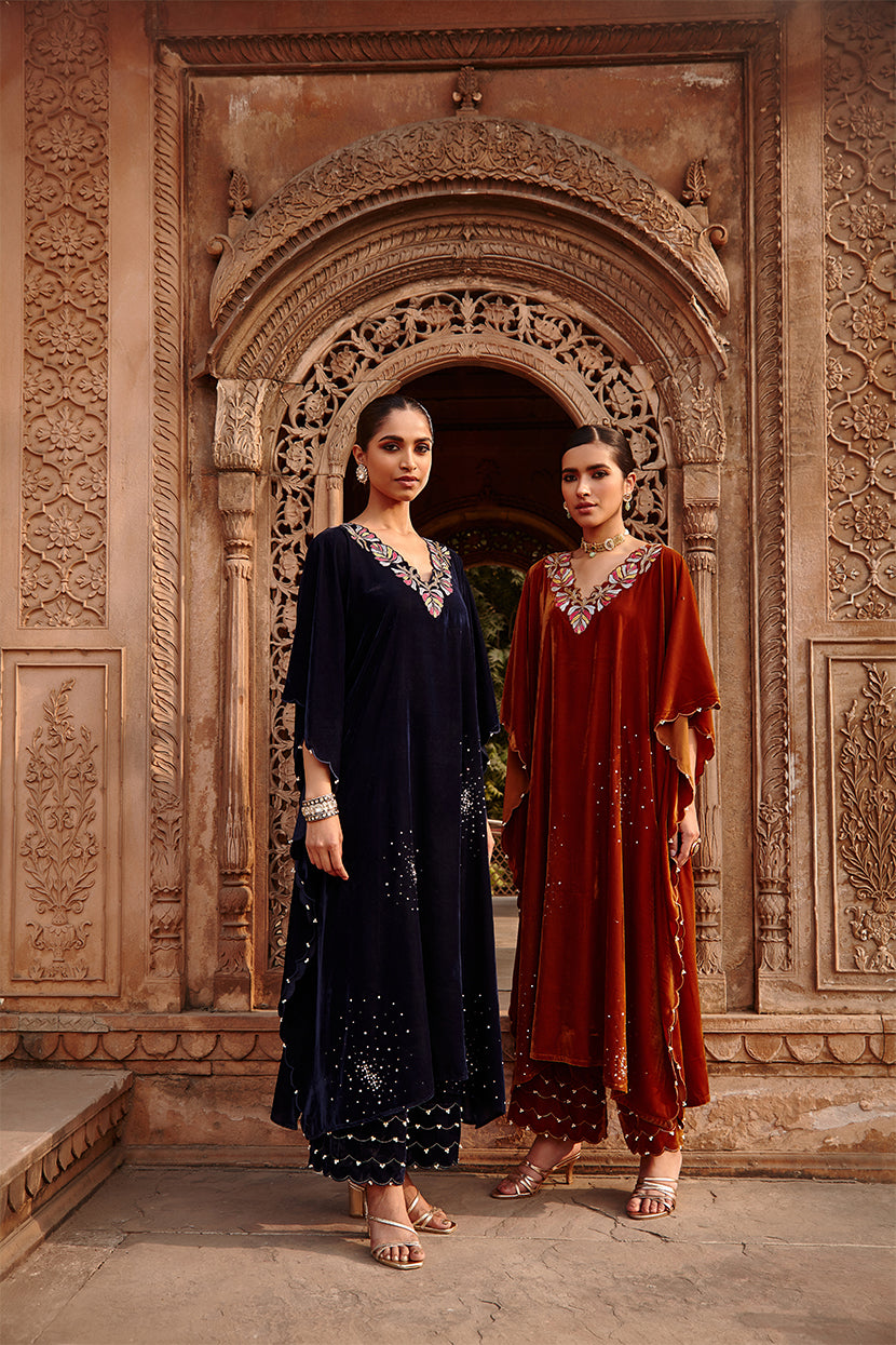 Tamanna Honey Gold Intricately Embroidered Velvet Kaftan Set