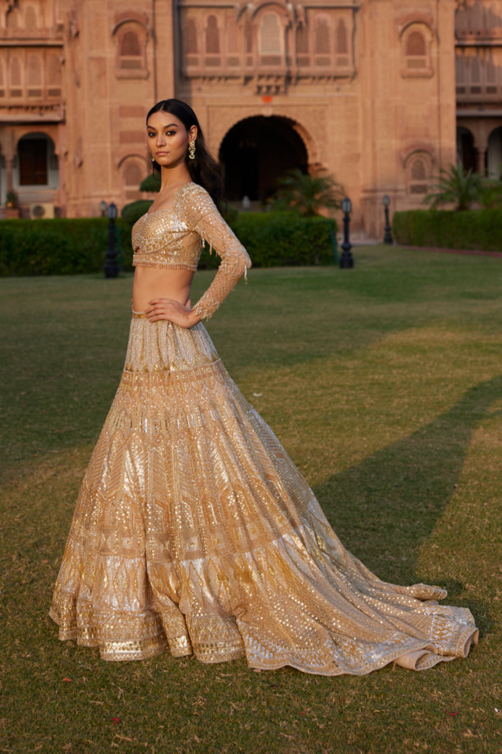 "Tamanna" Sequin Embellished Lehenga Set With Trail Behind