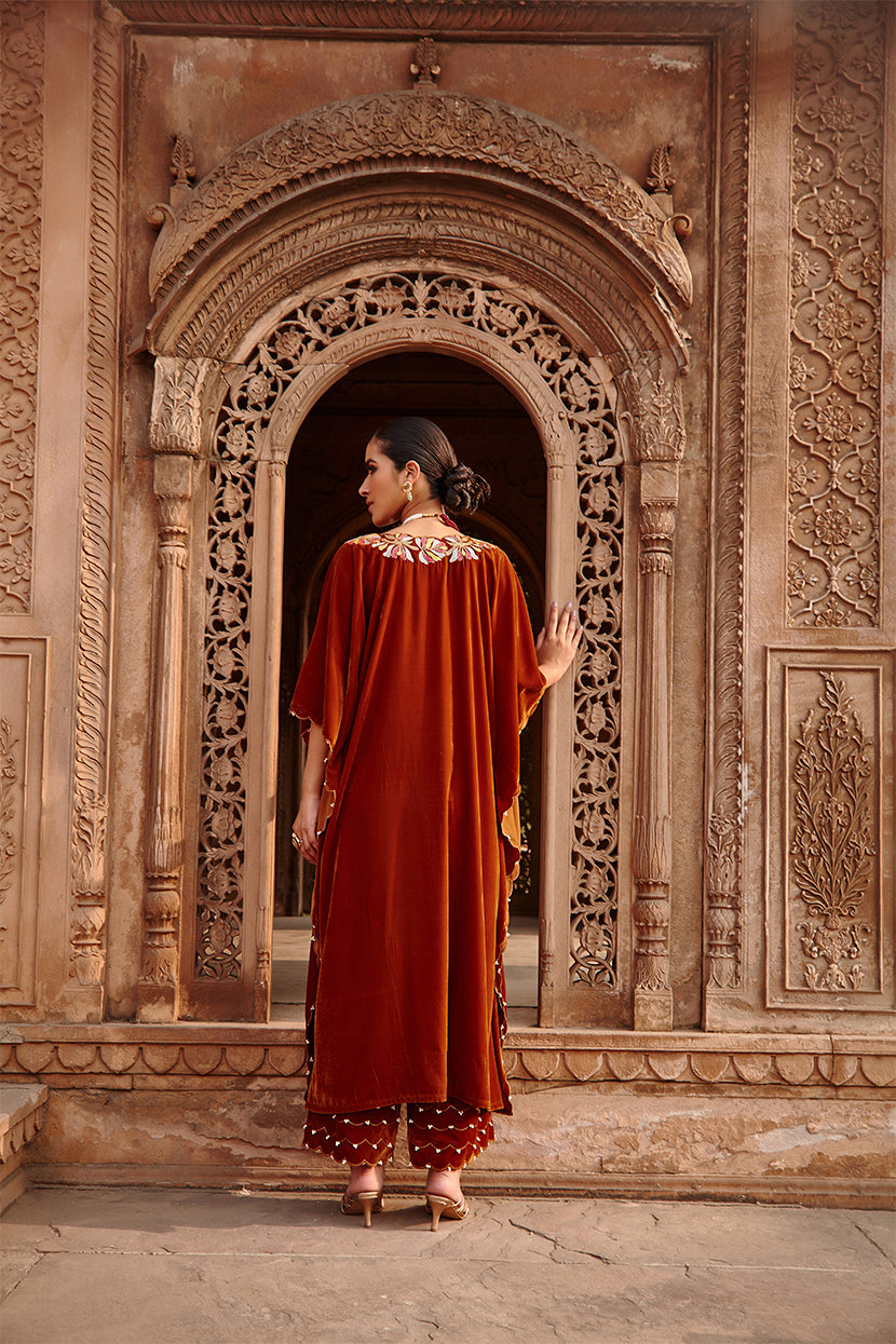 Tamanna Honey Gold Intricately Embroidered Velvet Kaftan Set