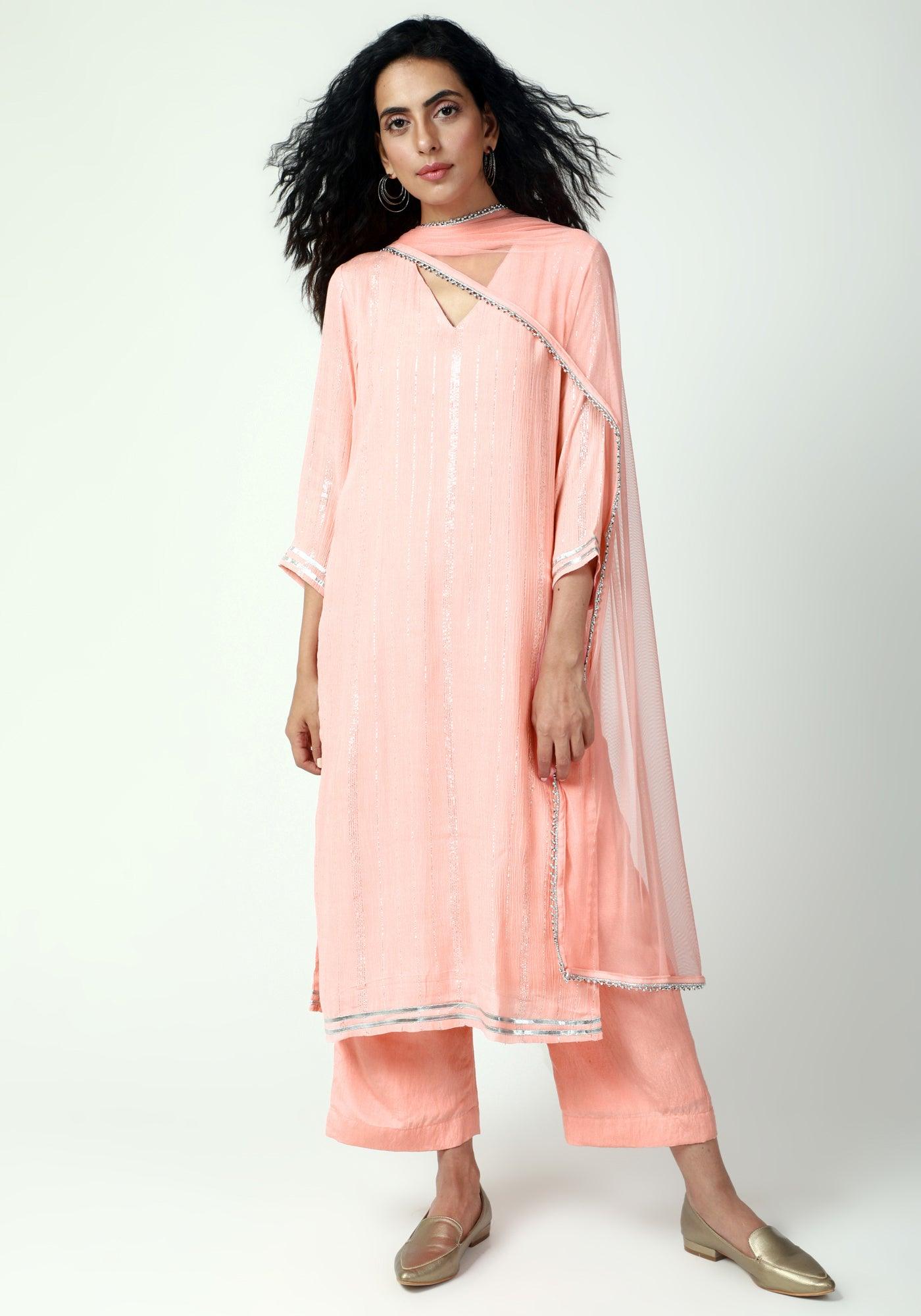 Peach Gota Slit Kurta-Pant-Dupatta - trueBrowns