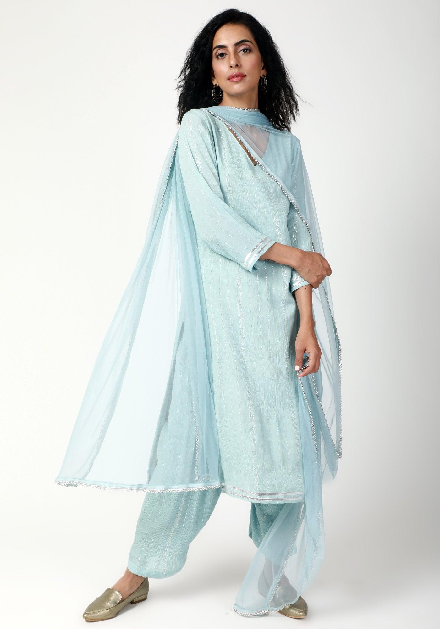 Blue Gota Slit Kurta-Ruffled Pant-Dupatta - trueBrowns
