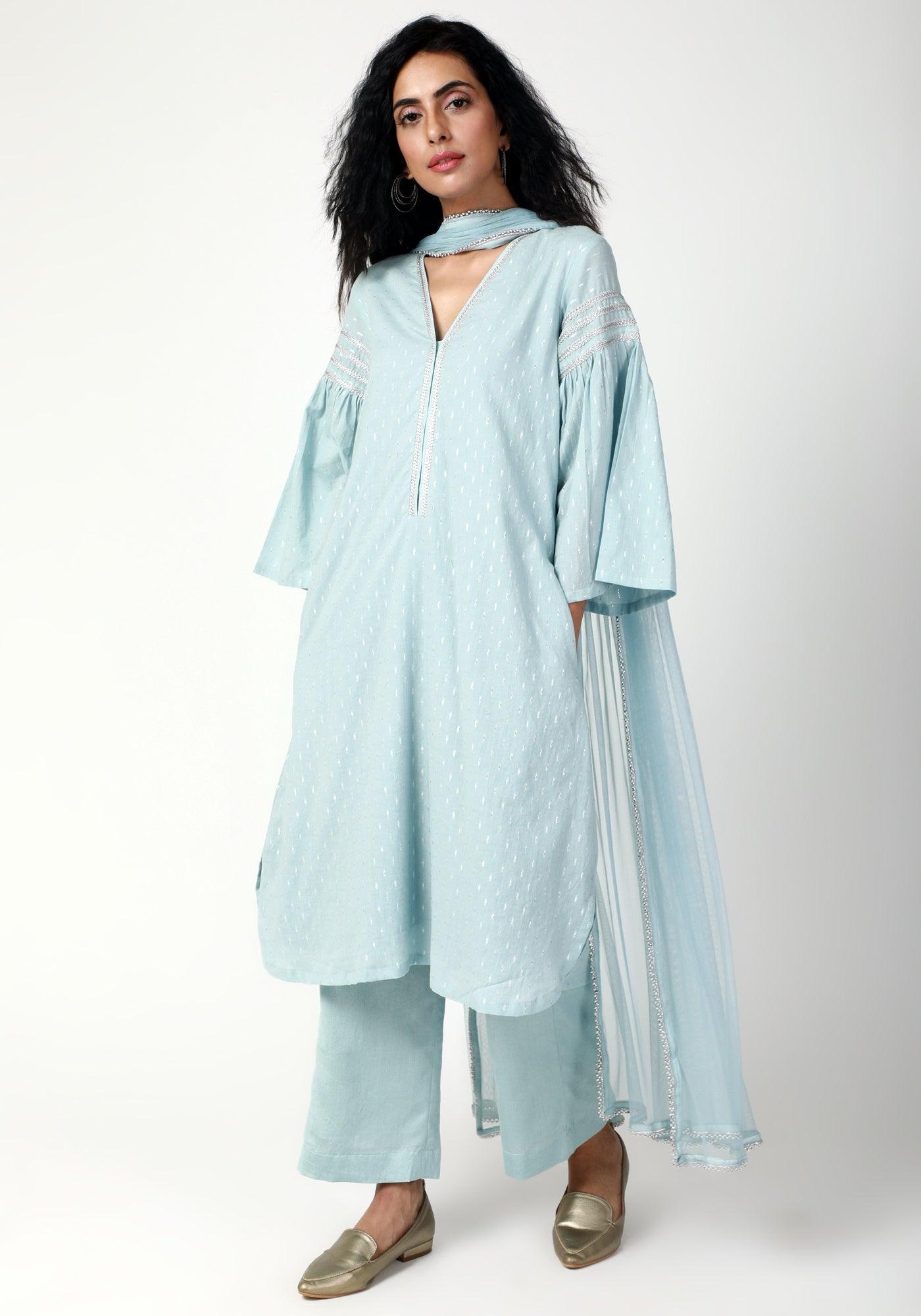 Blue Silver Laced Kurta-Pant-Dupatta - trueBrowns