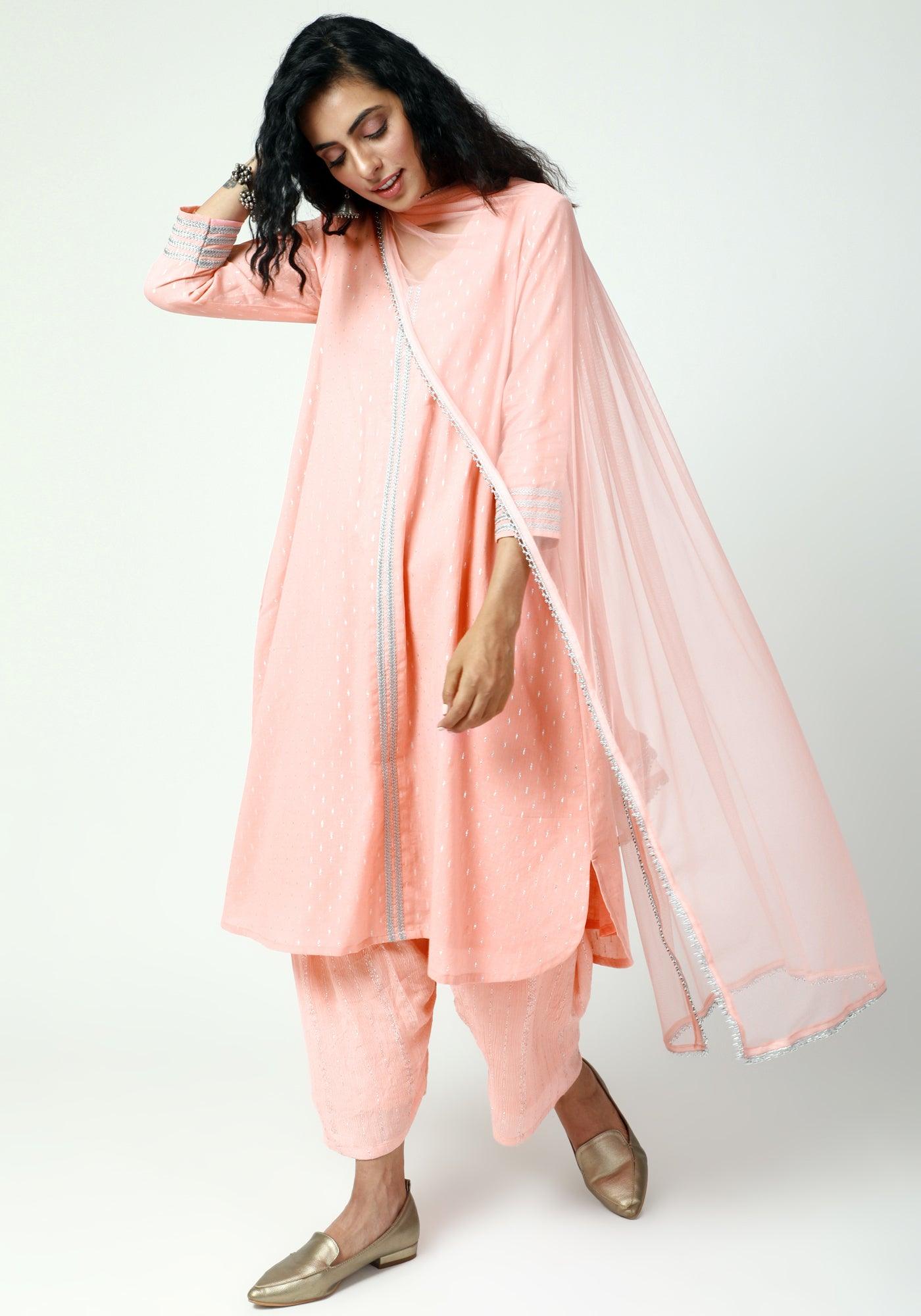 Peach Silver Laced Kurta- Ruffled Pant-Dupatta - trueBrowns