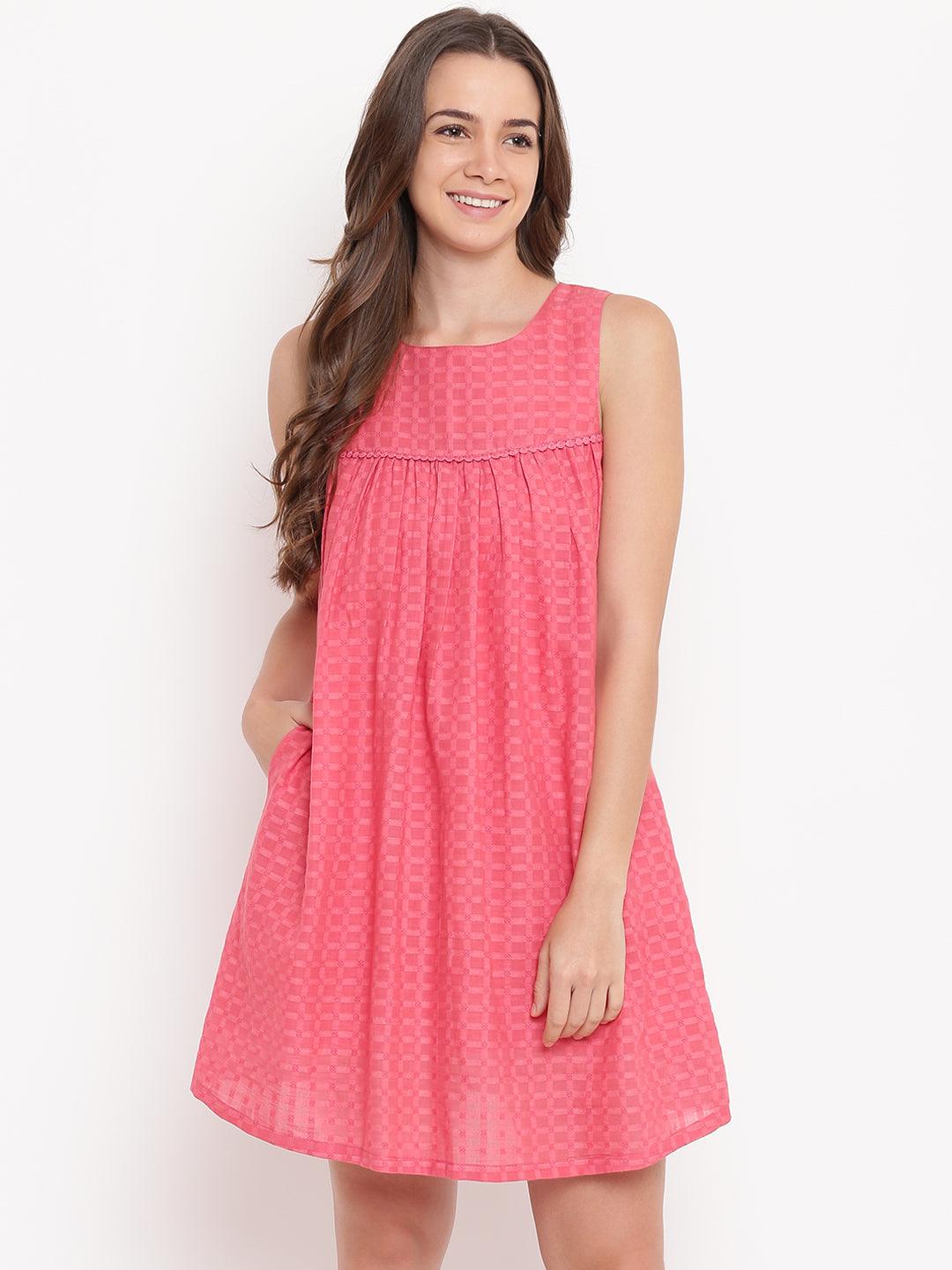 Pink Grid Gathered Dress - trueBrowns
