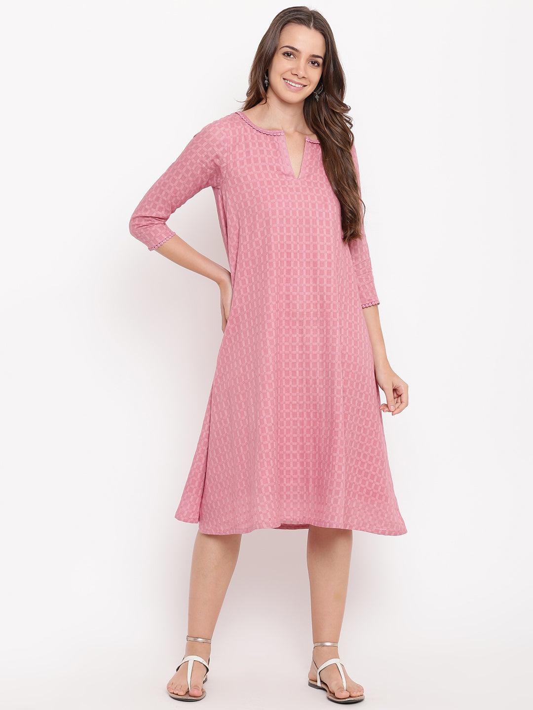 Pink Grid Dobby Flared Dress - trueBrowns