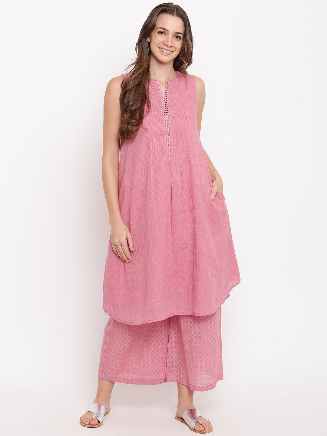 Pink Pin-Tucks Kurta-Palazzo - trueBrowns
