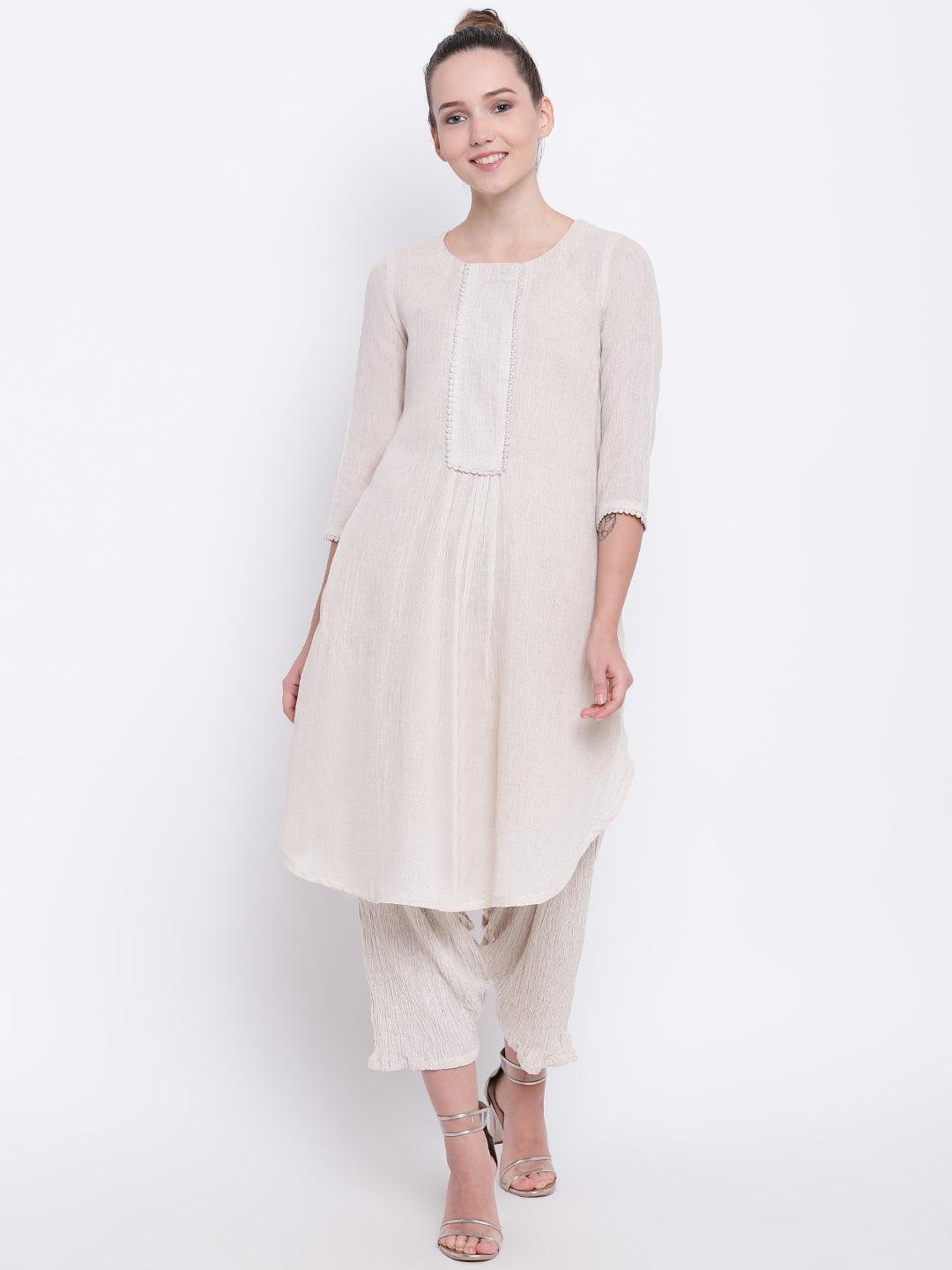 Beige Pure Cotton Lace Kurta - trueBrowns