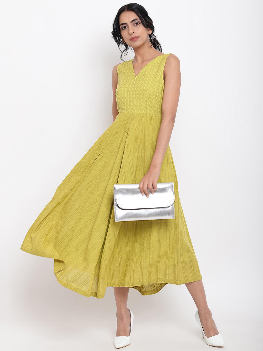 Green Cotton Panelled Flare Dress - trueBrowns