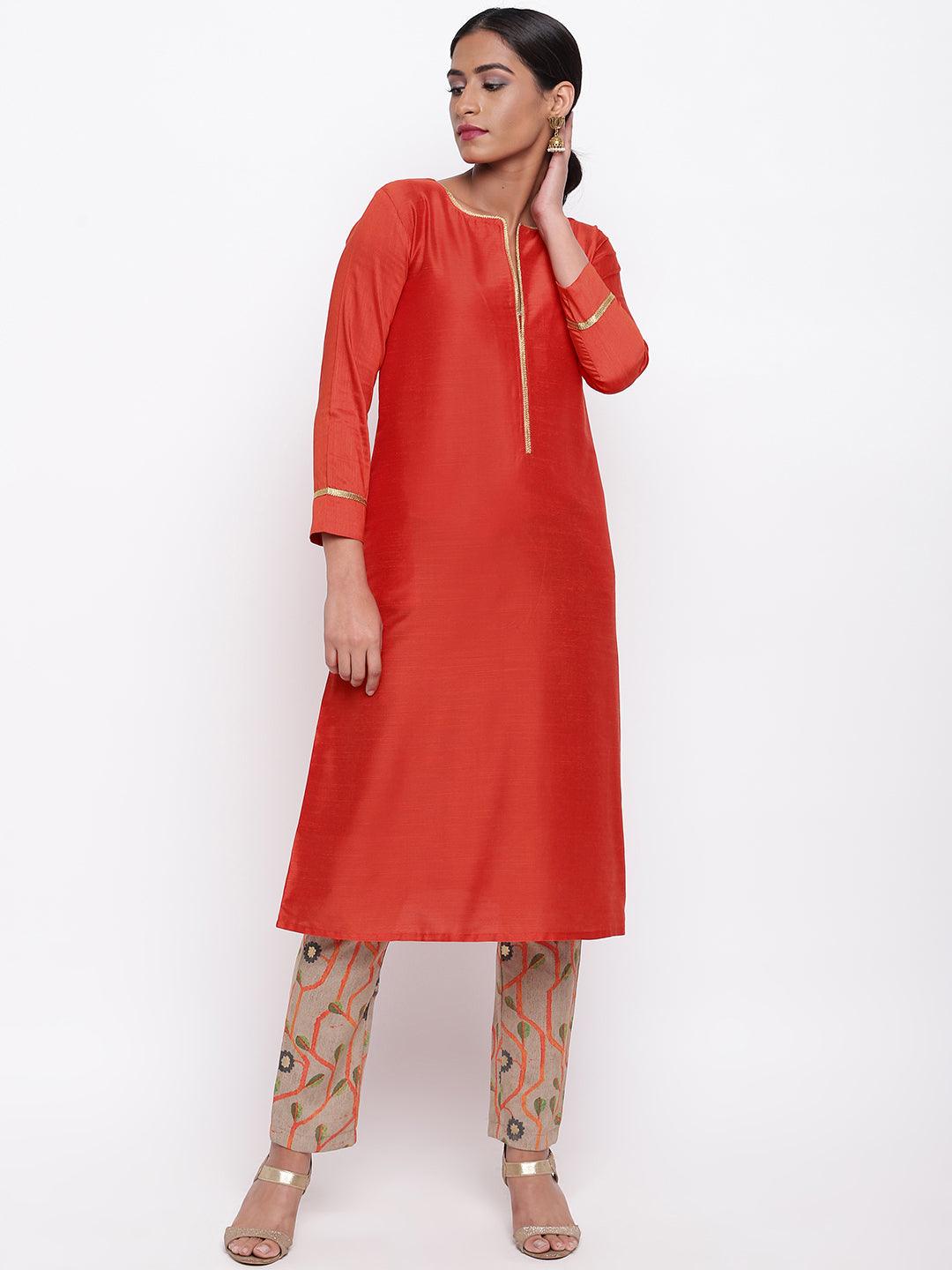 Orange Lace Kurta Stem Foil Pant - trueBrowns