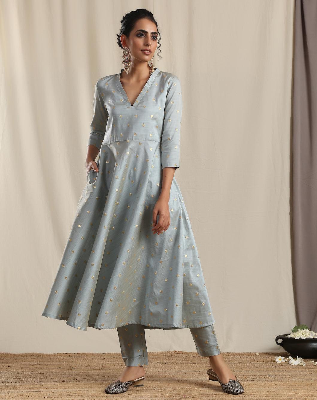 Grey Silk Flared Kurta Pant Set - trueBrowns