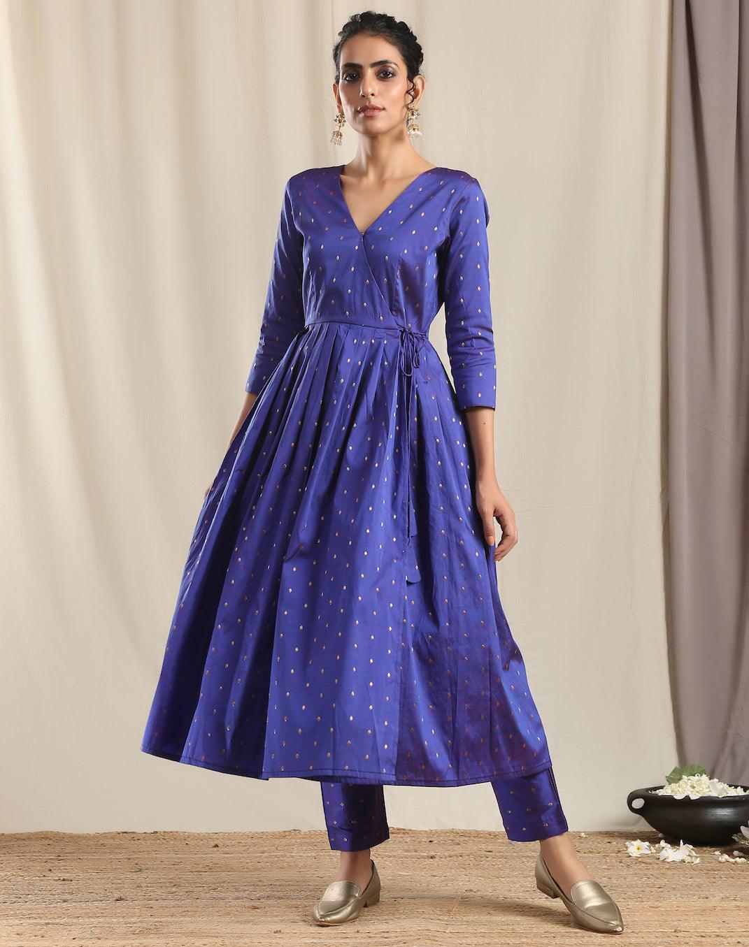 Blue Silk Angrakha Kurta Pant Set - trueBrowns