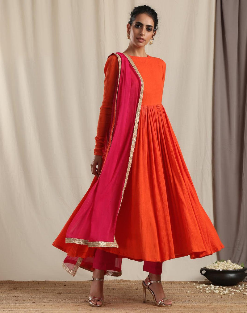 Orange Crinkle Arkali Kurta Pant Dupatta Set