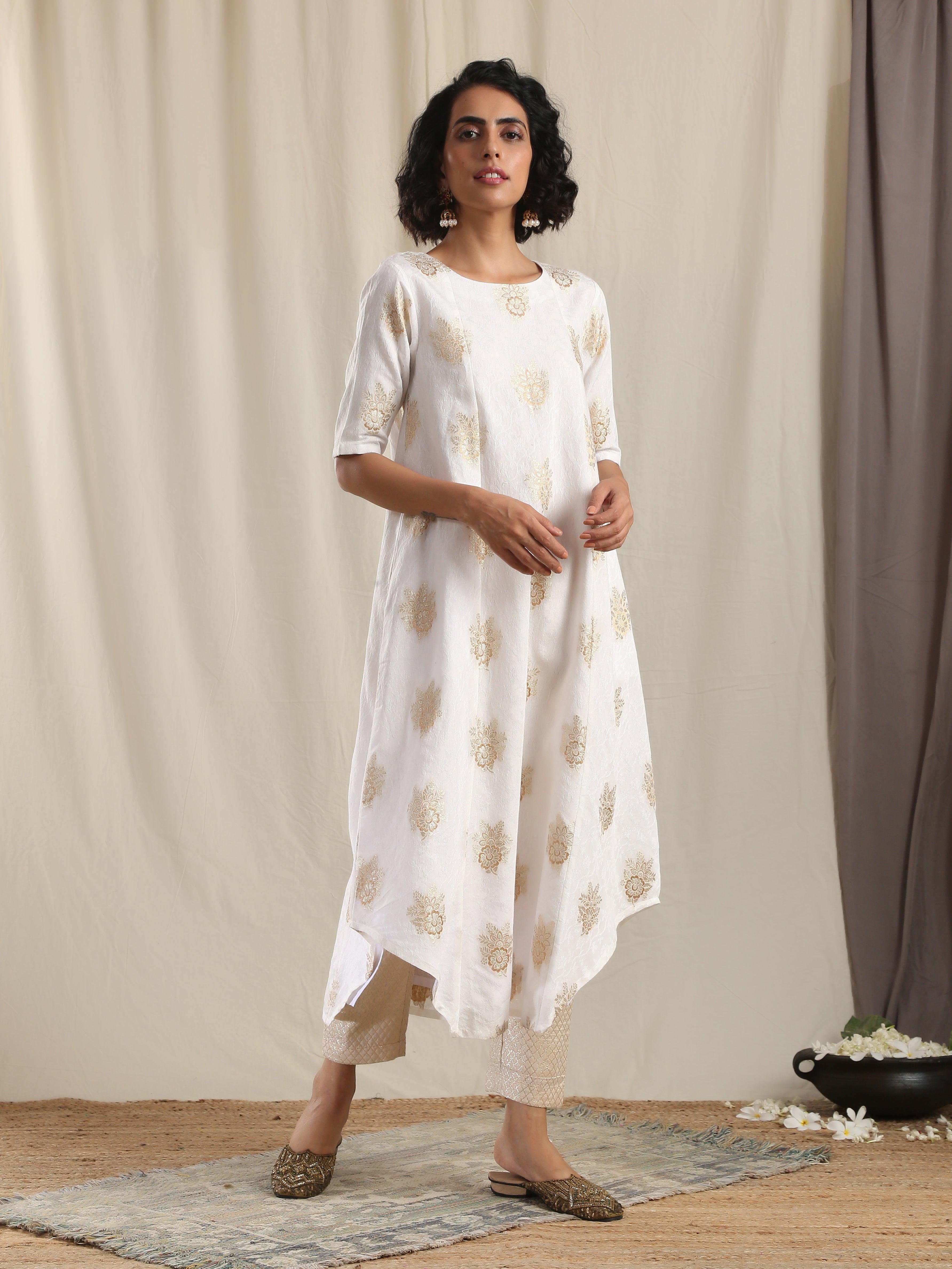 White Gold Modal Silk Asymmetric Kurta Pant Set - trueBrowns