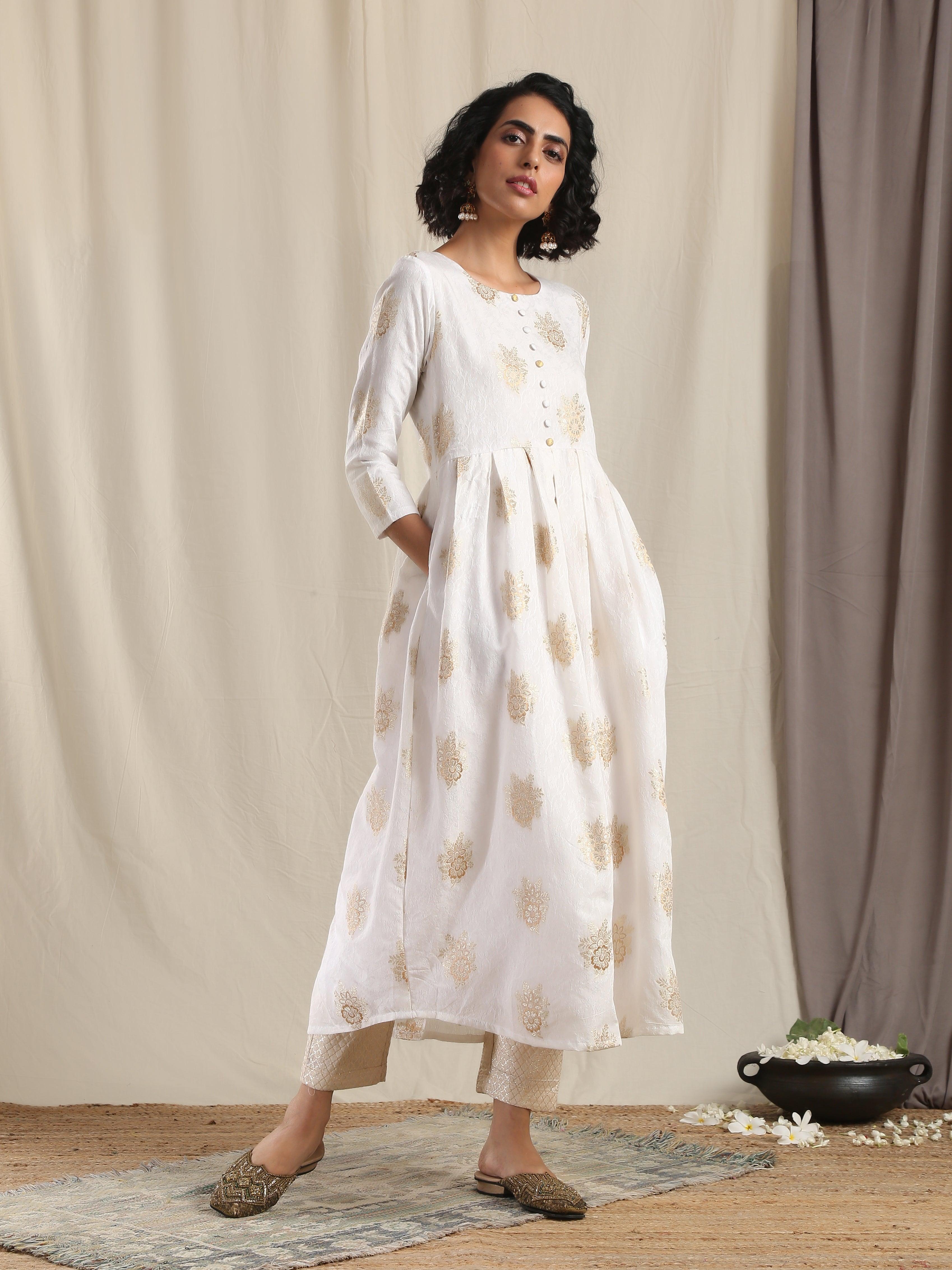 White Gold Modal Silk Pleated Kurta Pant Set - trueBrowns