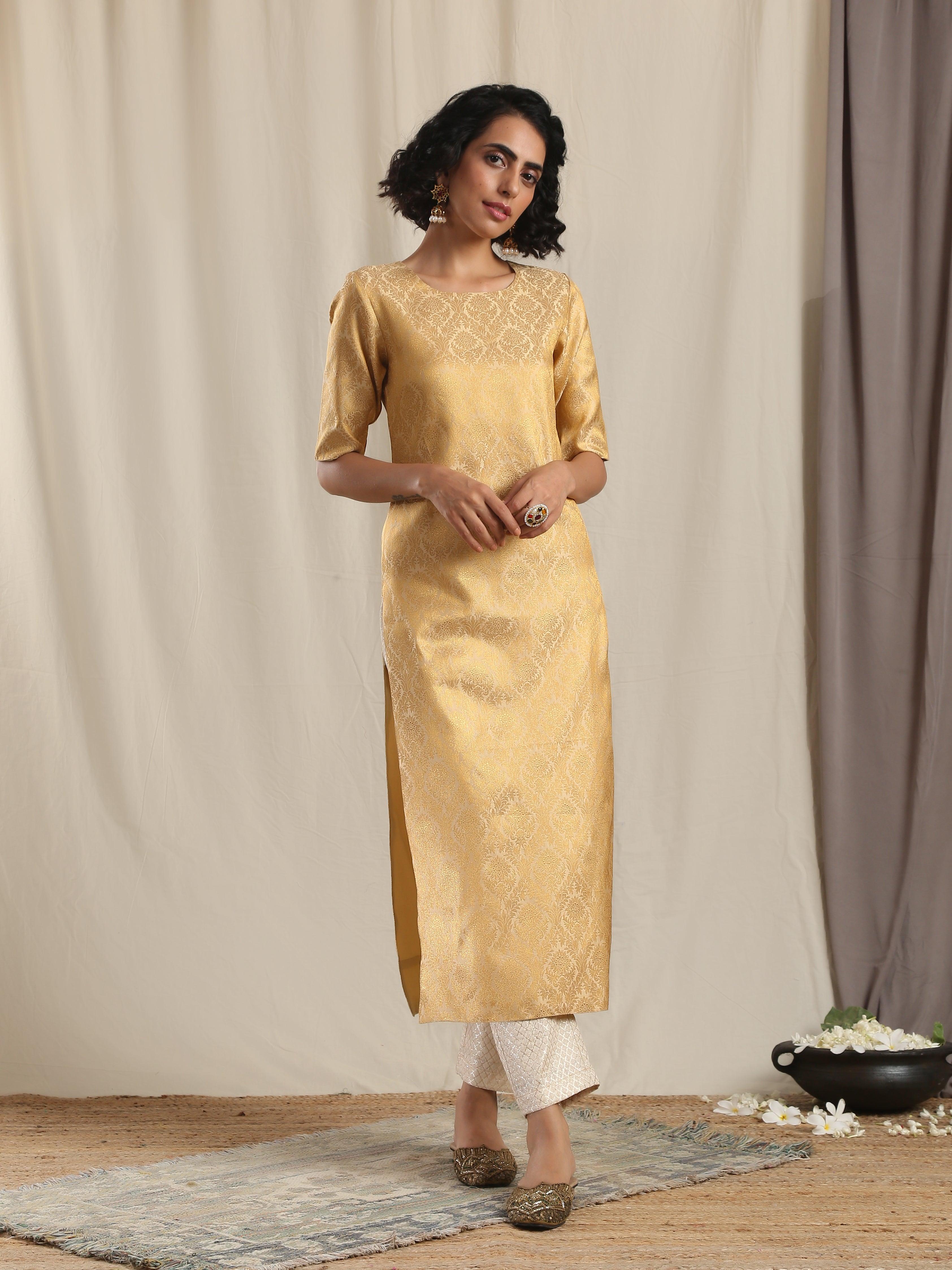 Gold Brocade Slit Kurta Pant Set - trueBrowns