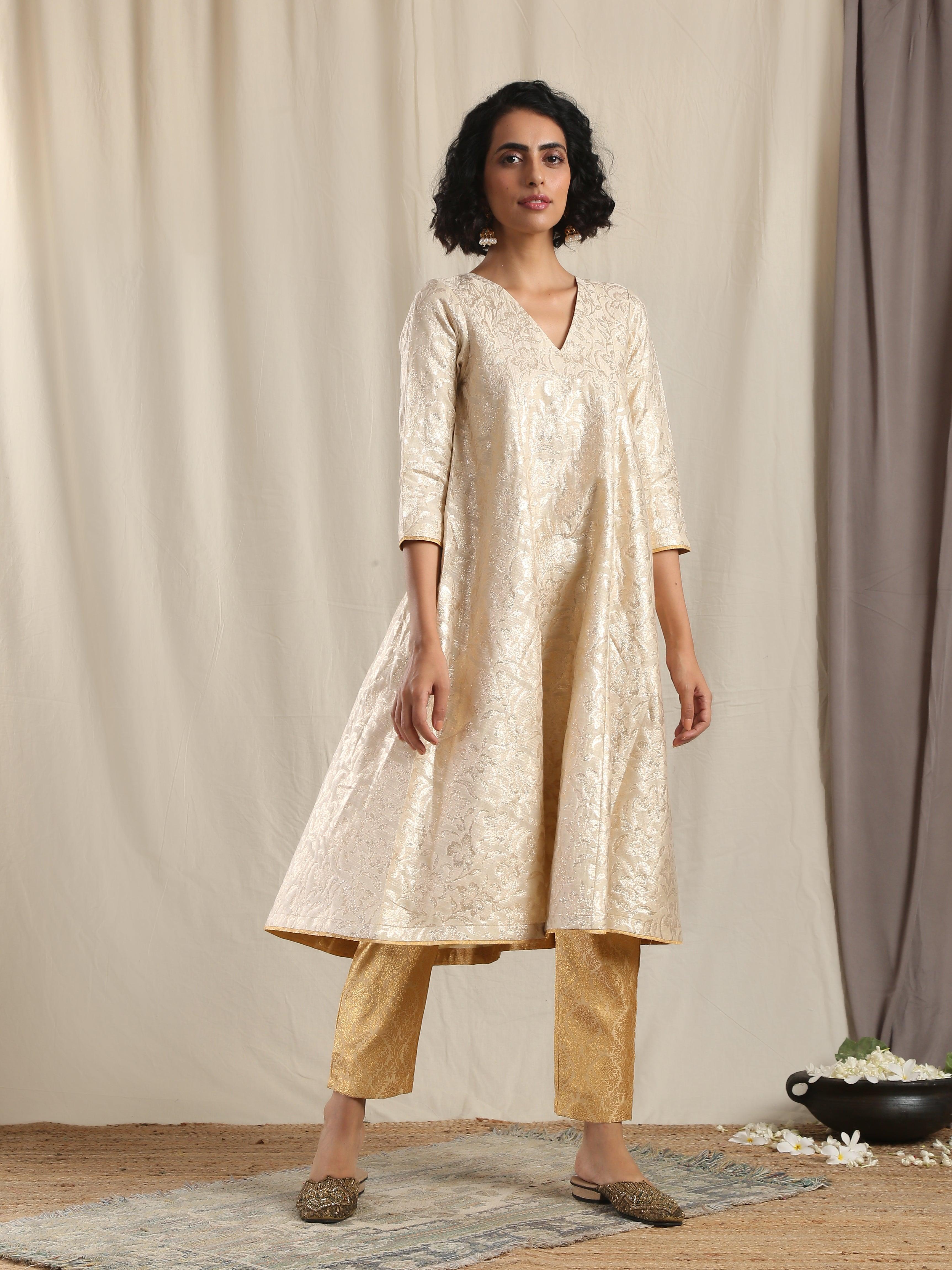 Beige Gold Modal Silk Flared Kurta Pant Set - trueBrowns