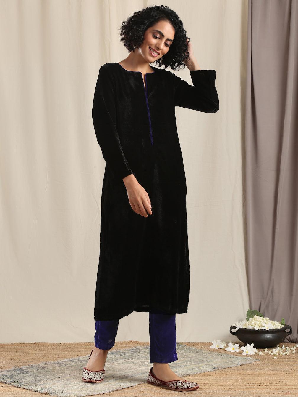 Black Velvet slit Kurta - trueBrowns