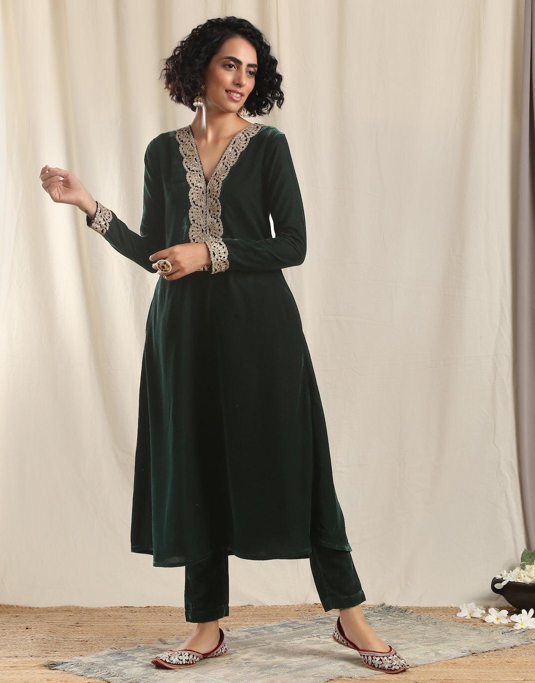 Green Velvet Flared Gota Kurta - trueBrowns