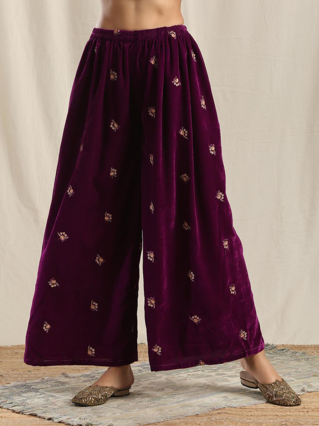 Wine Velvet Embroidered Palazzo - trueBrowns